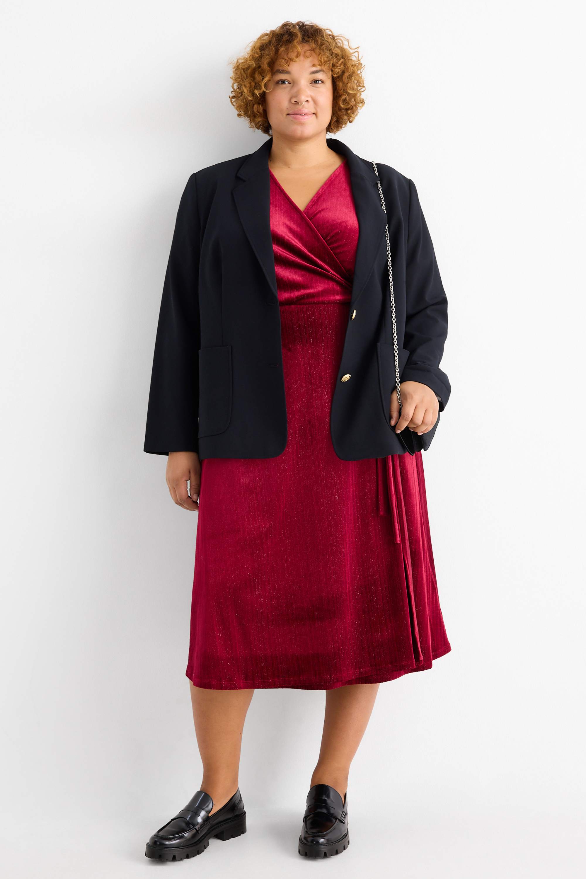 Velvet wrap dress - straight fit dark red