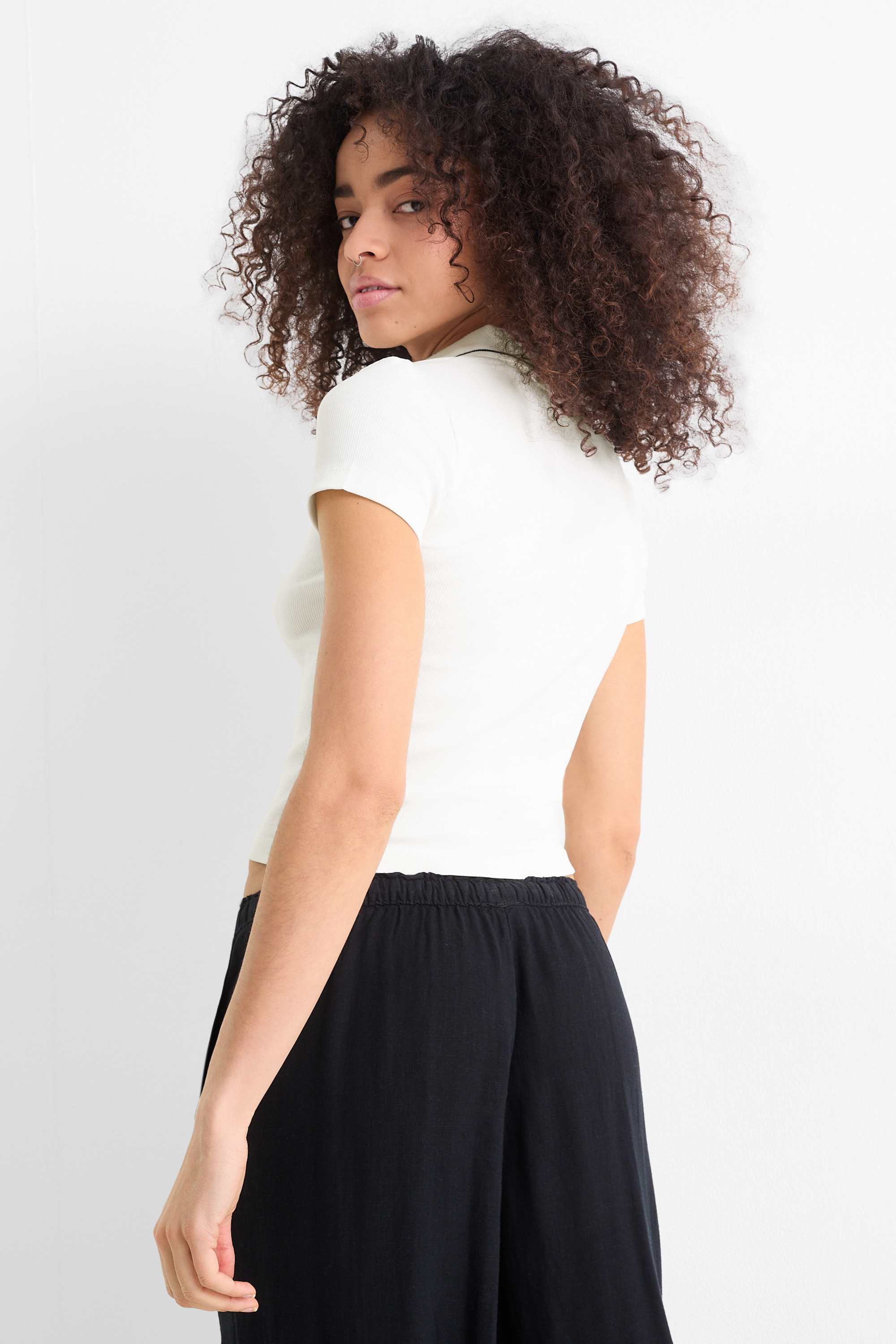 Cropped polo shirt - slim fit - ribbed cremewhite