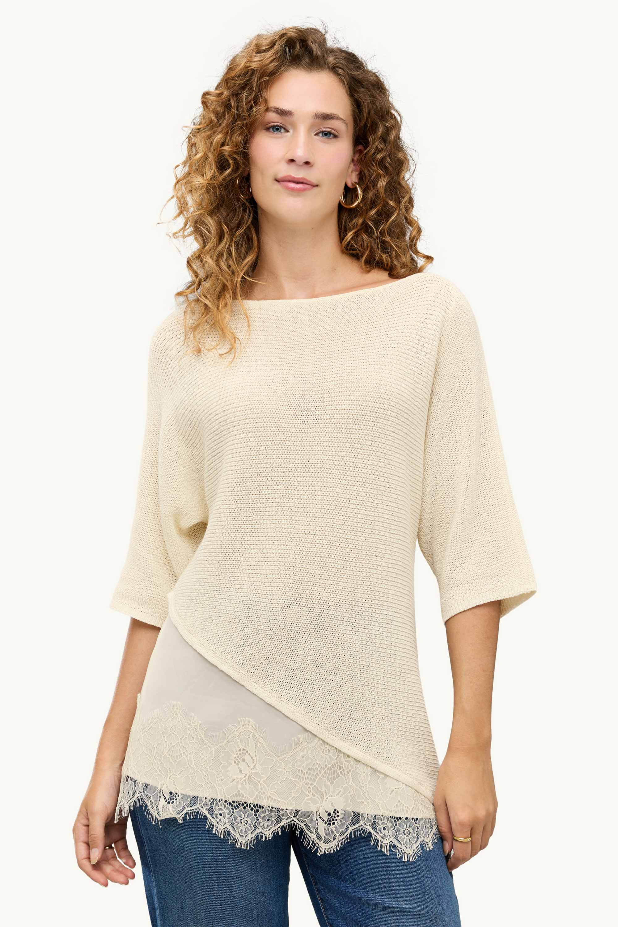 Knitted jumper - short sleeve - ribbed creme