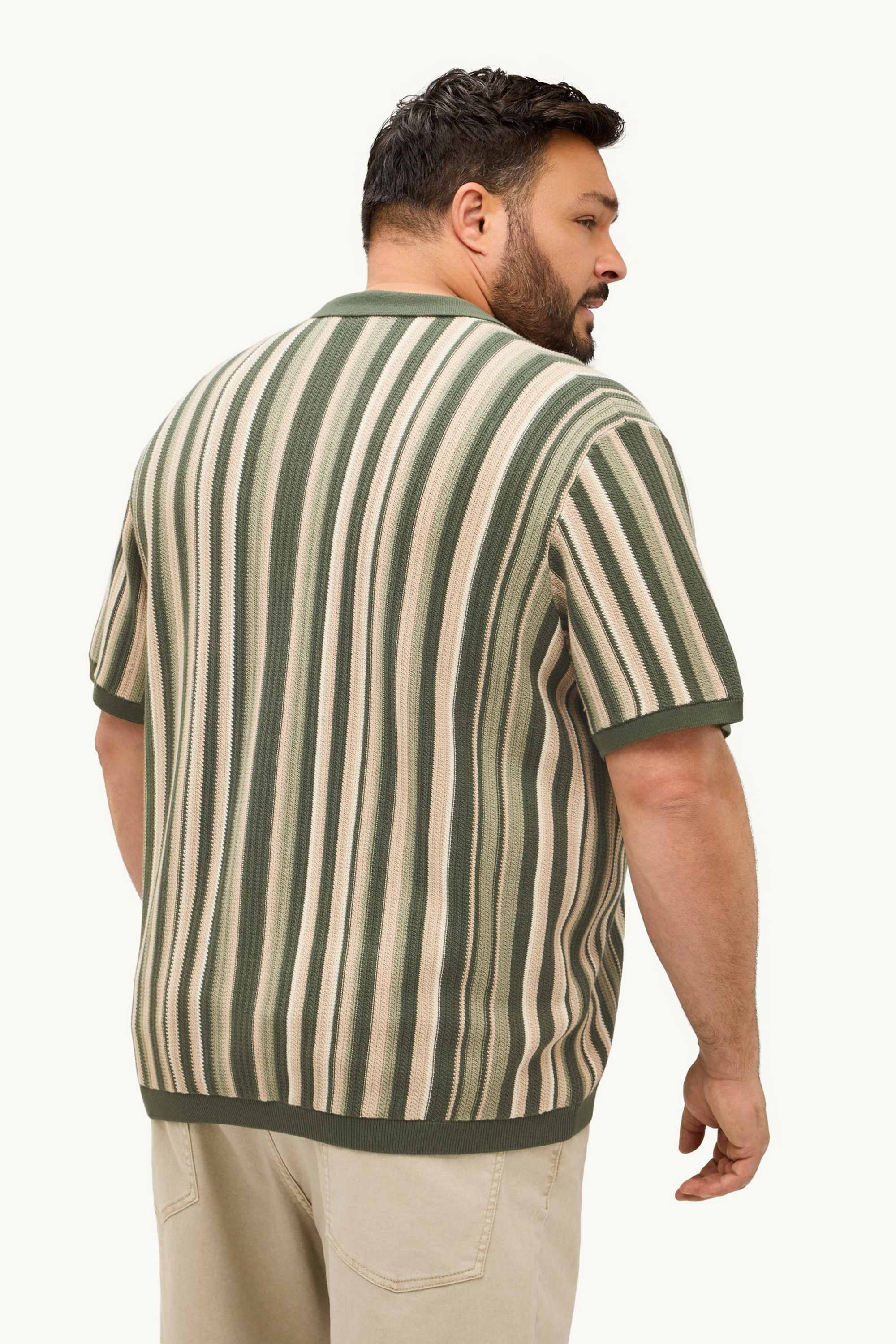 Knitted shirt - regular fit - lapel collar - striped khaki