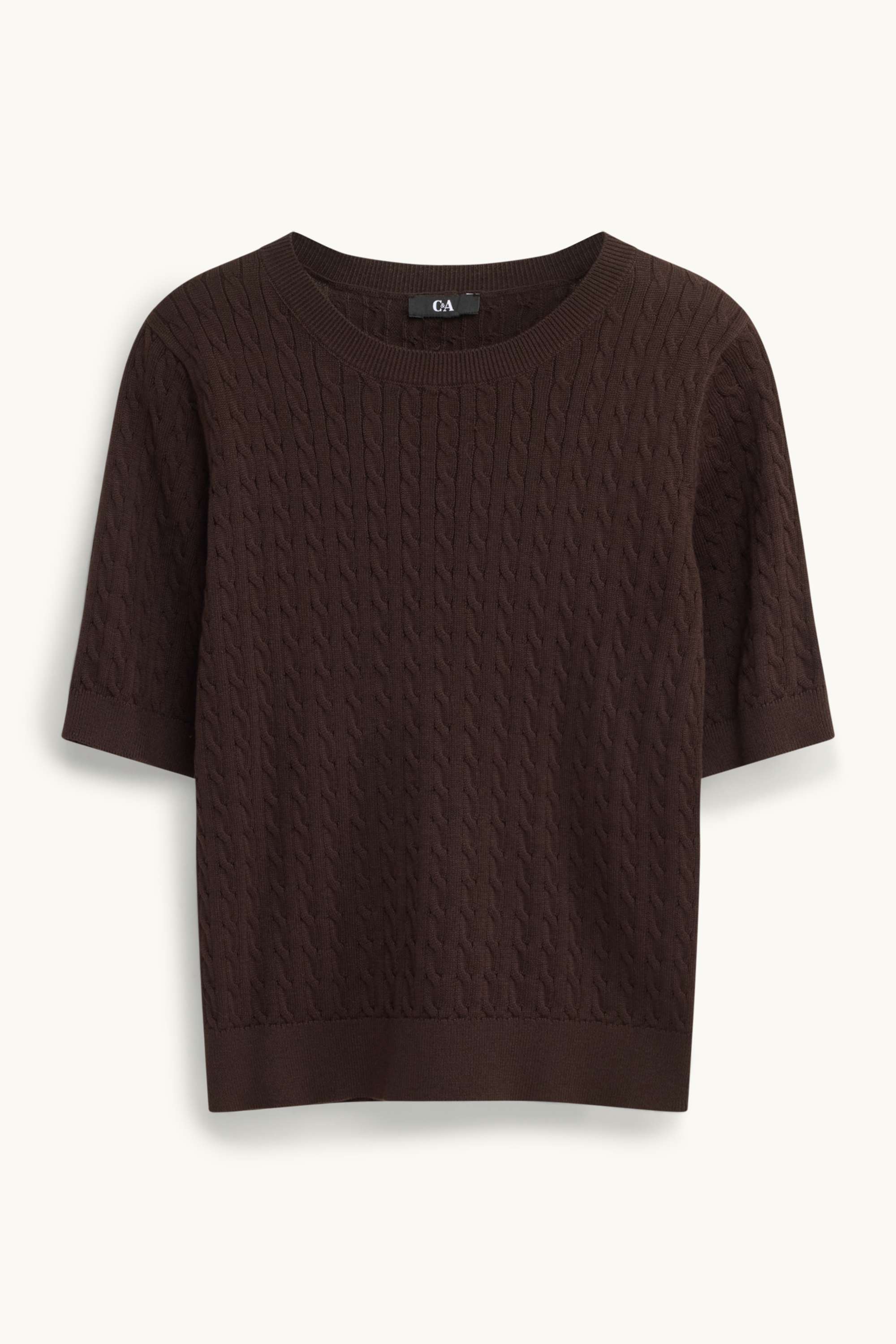 Knitted jumper - short sleeve - cable knit pattern dark brown