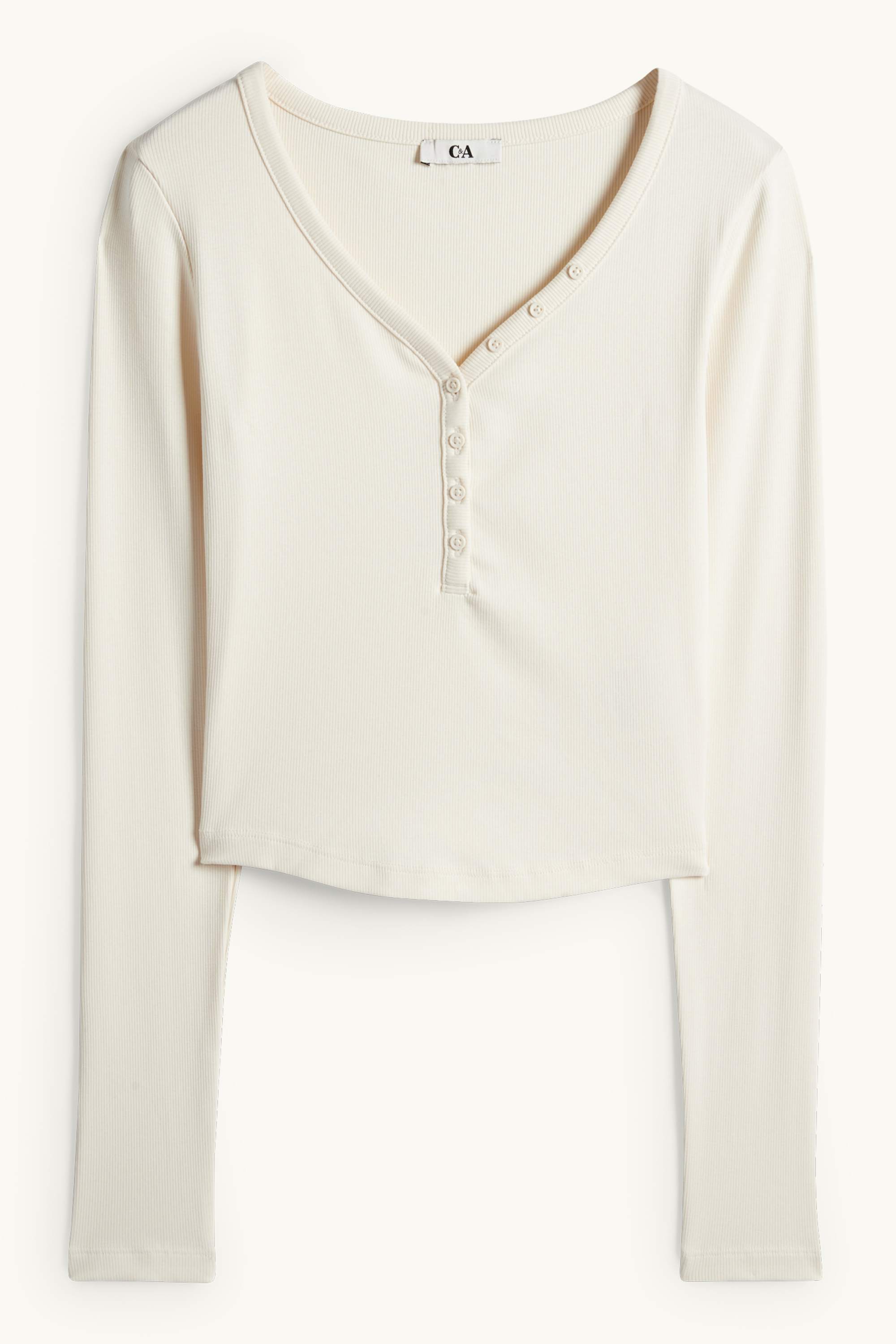Cropped Henley T-shirt - slim fit - ribbed cremewhite