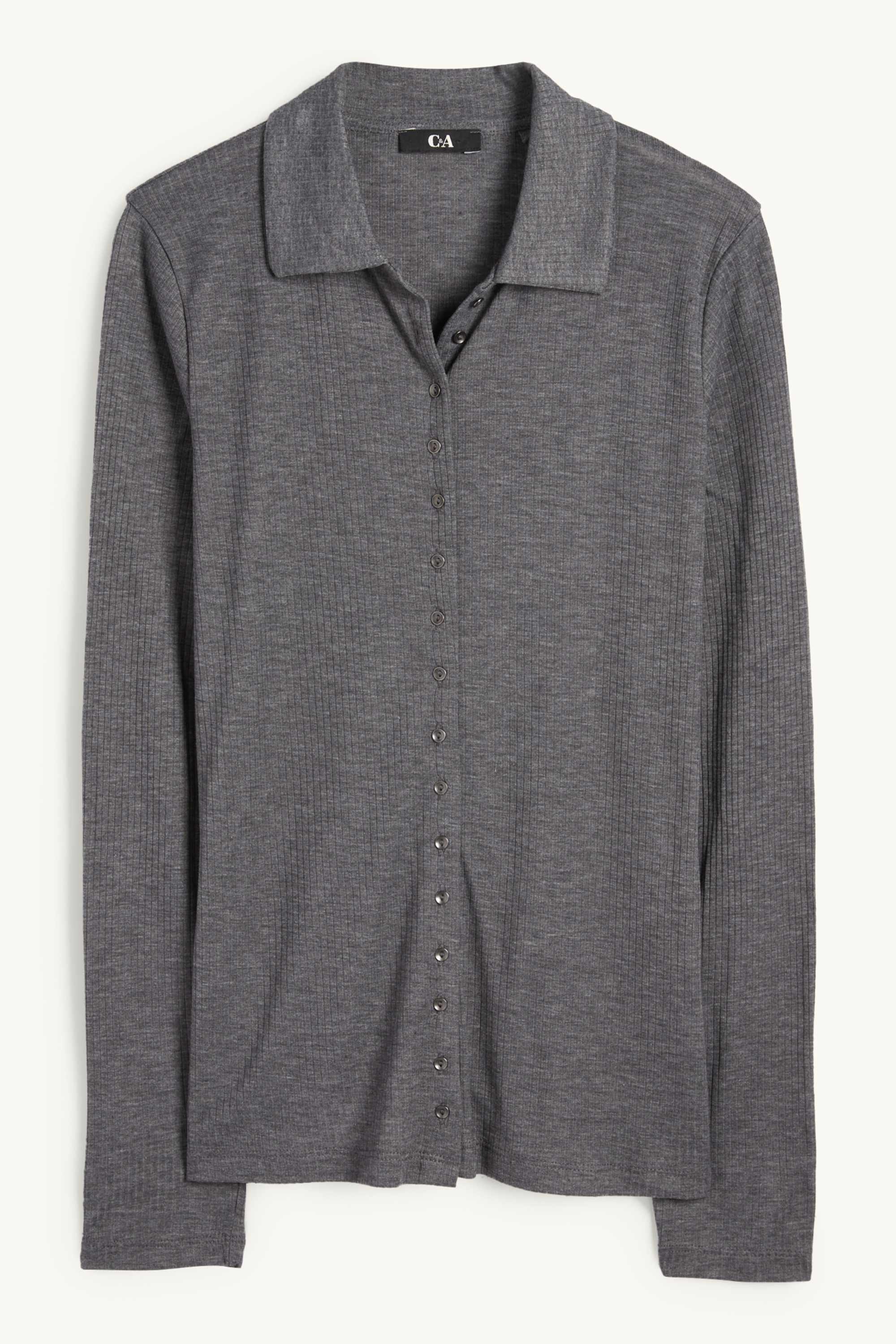 Long sleeve polo shirt - regular fit - ribbed gray
