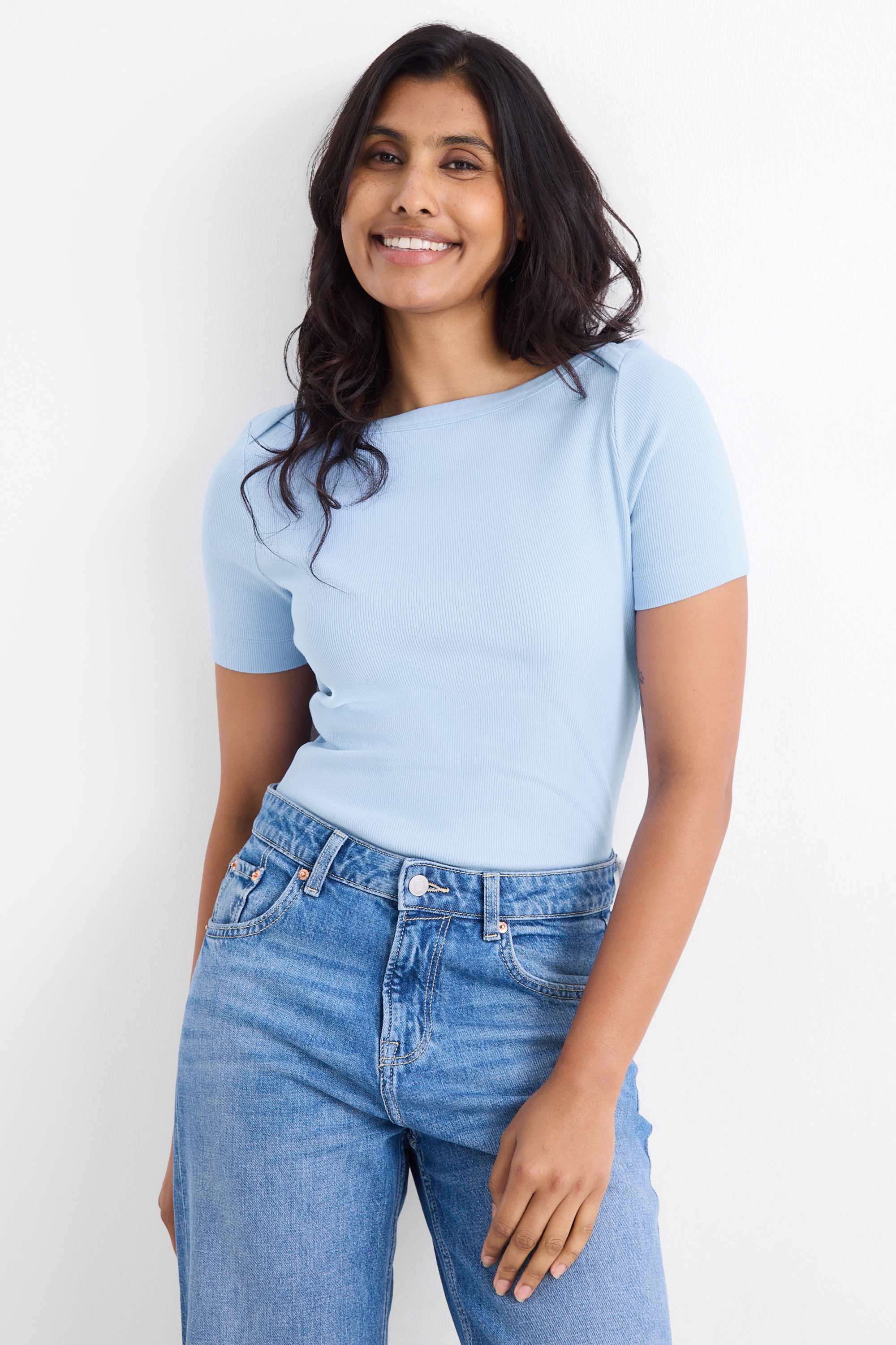 T-shirt - slim fit - ribbed light blue