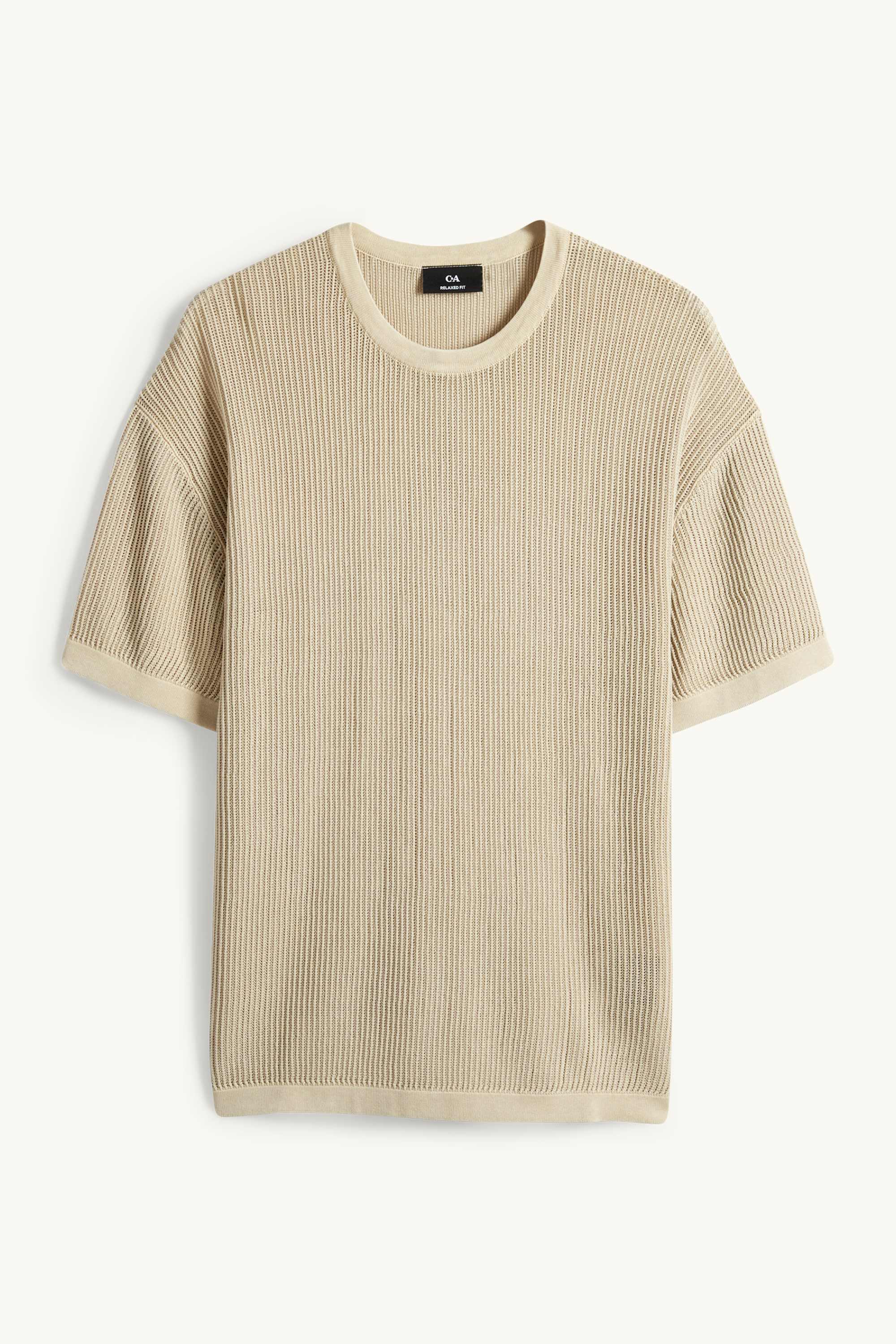 Knitted jumper - short sleeve - ribbed beige