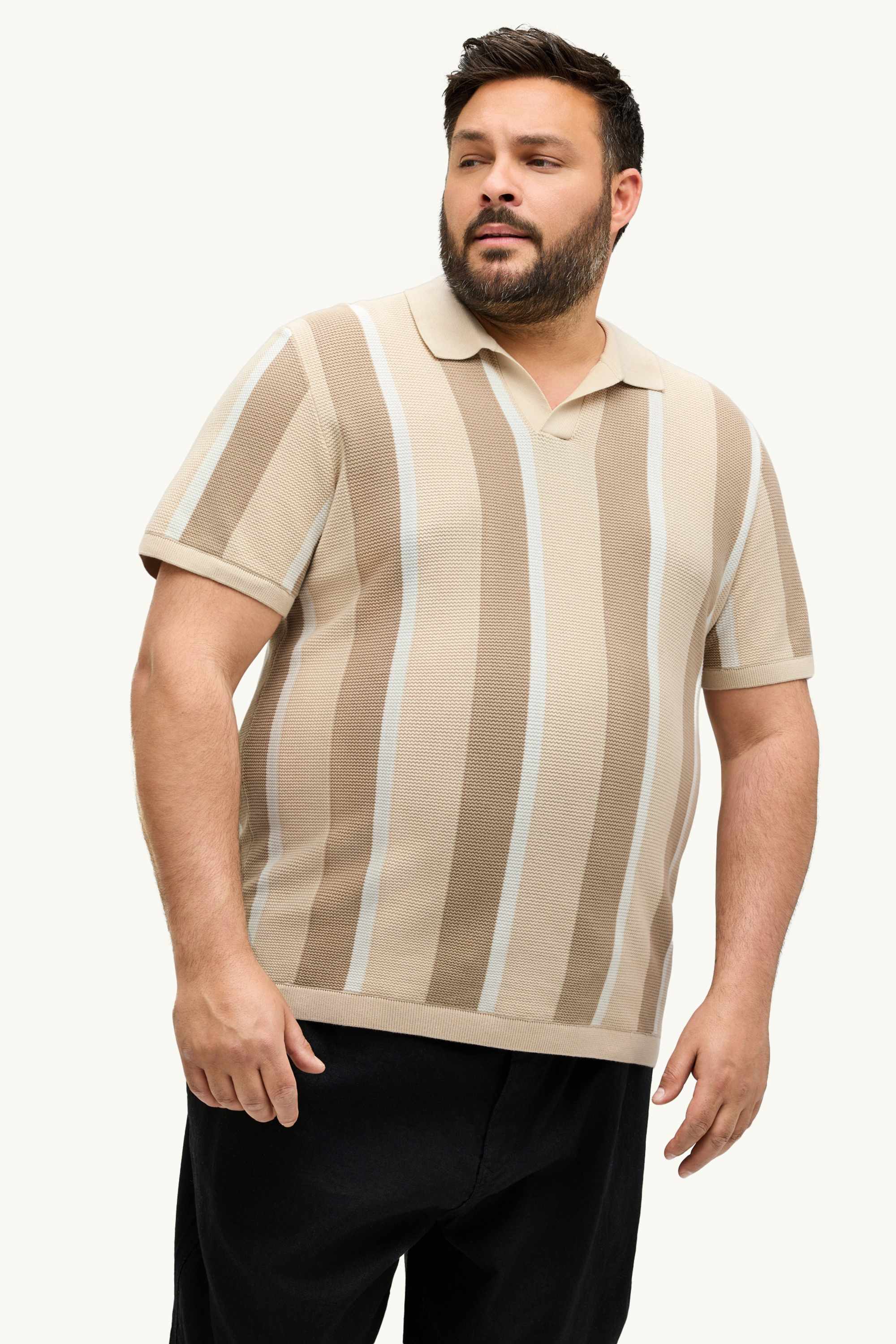 Knitted polo shirt - regular fit - striped - textured beige