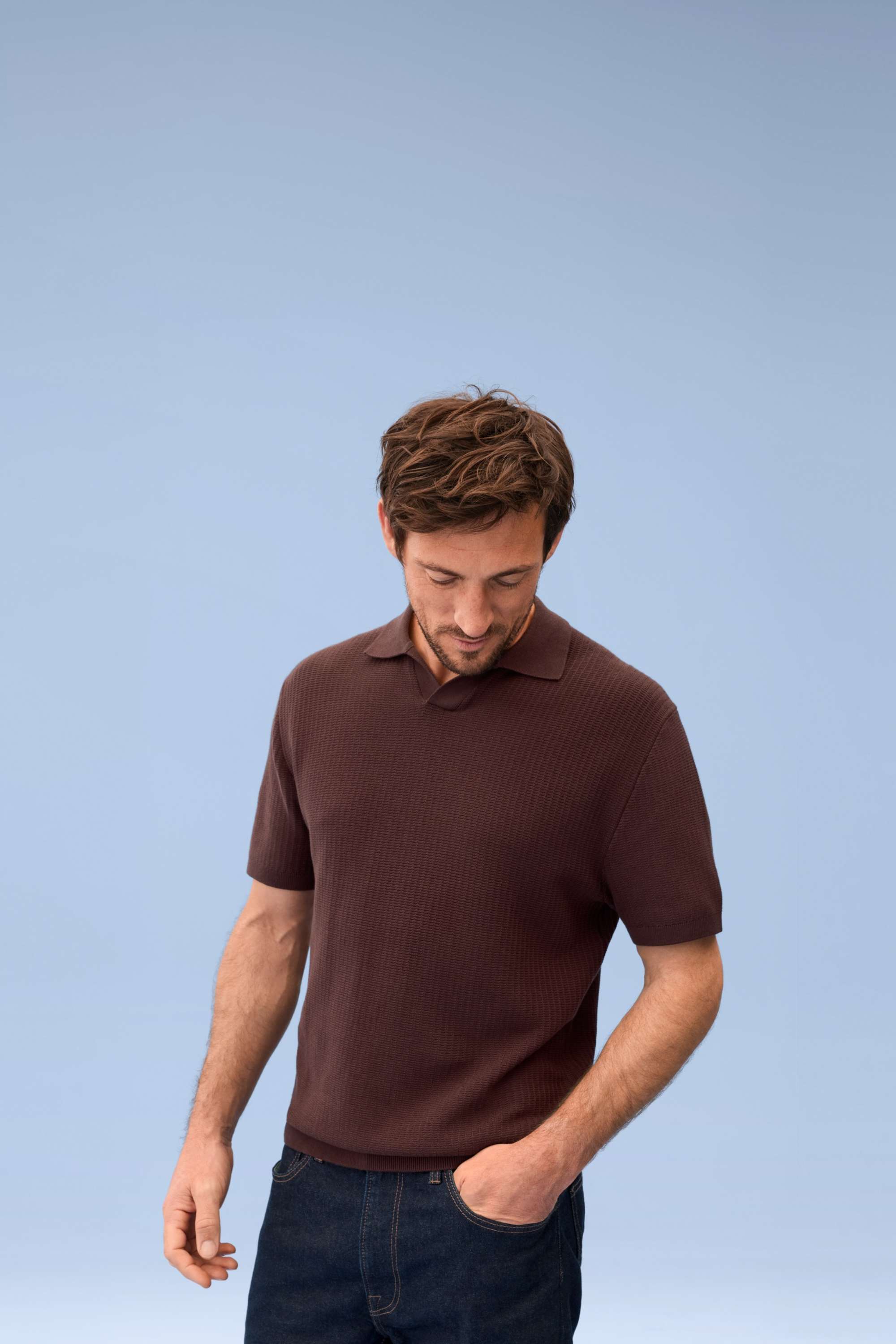Knitted polo shirt - relaxed fit - textured bordeaux