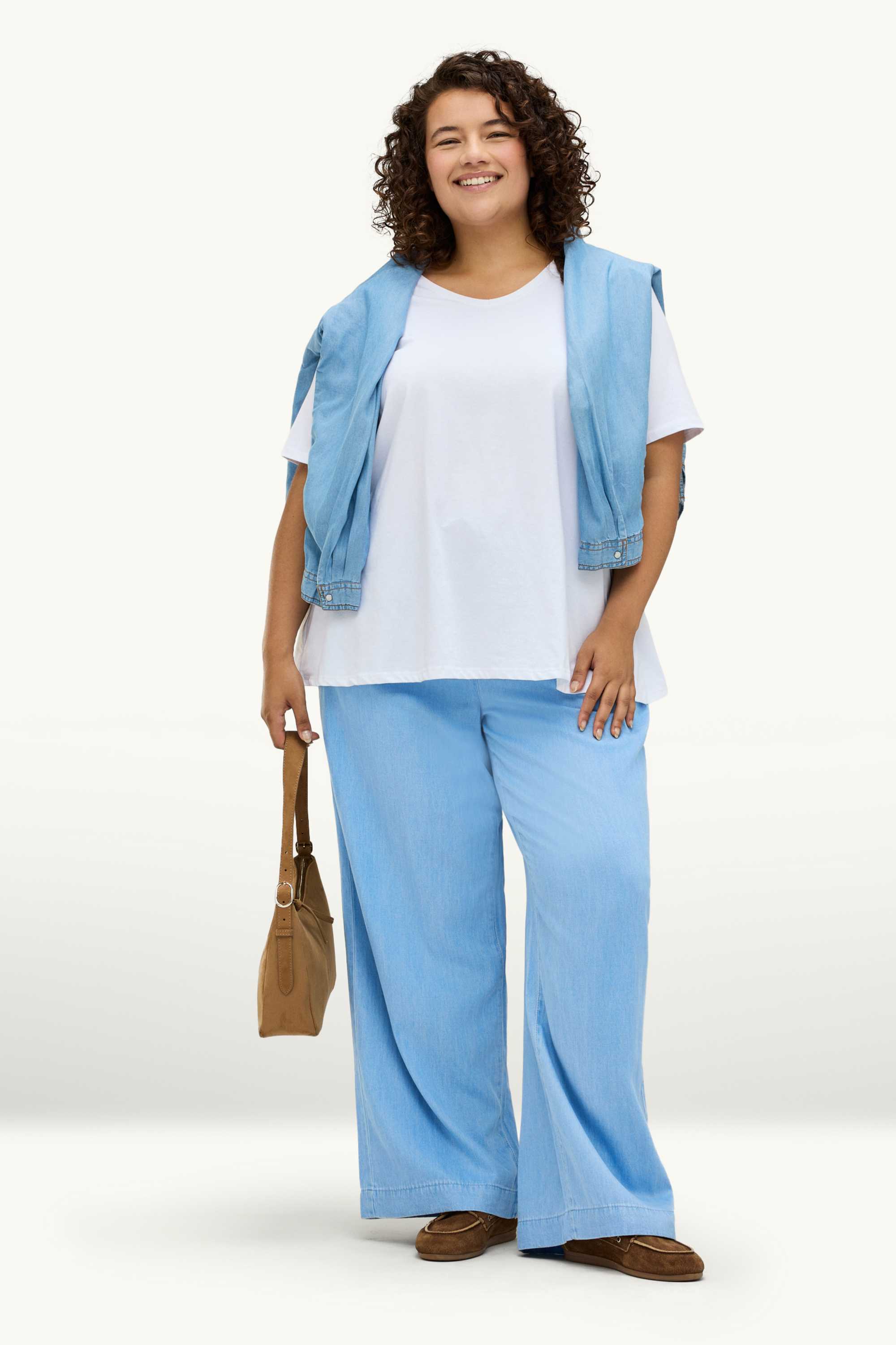 Cloth trousers - high waist - wide leg - denim look light blue
