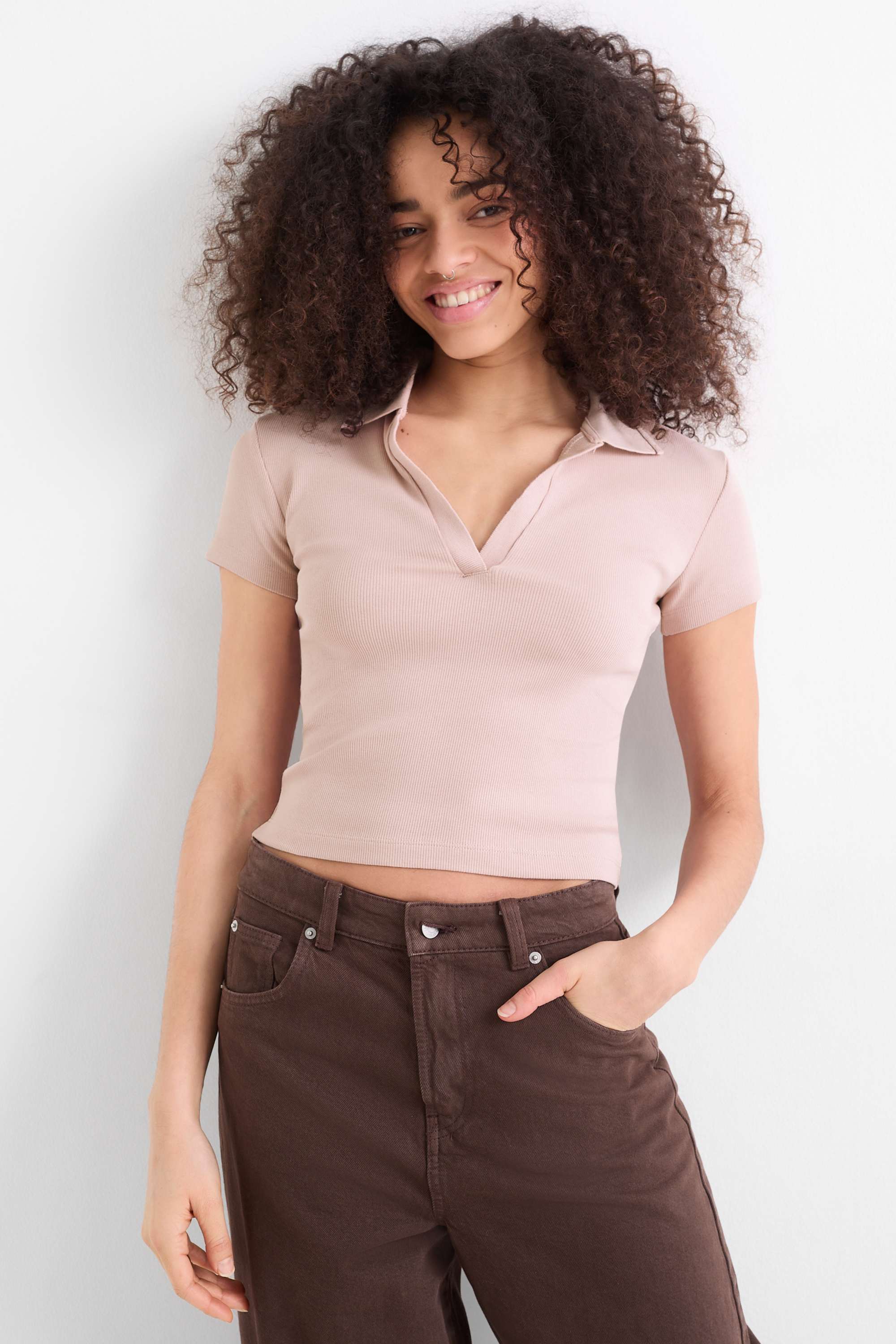 Cropped polo shirt - slim fit - ribbed rose