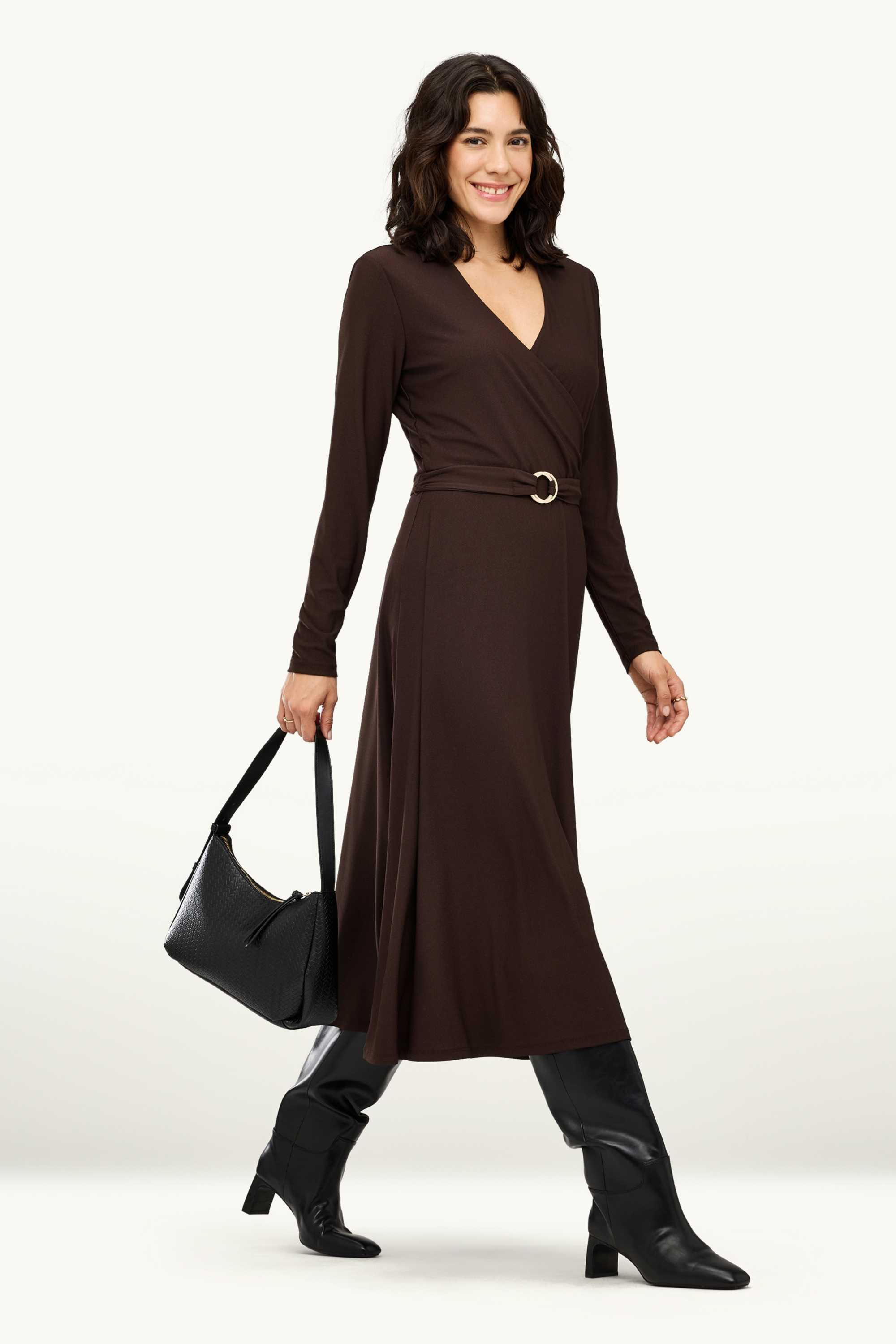 Fit & flare dress with belt dark brown