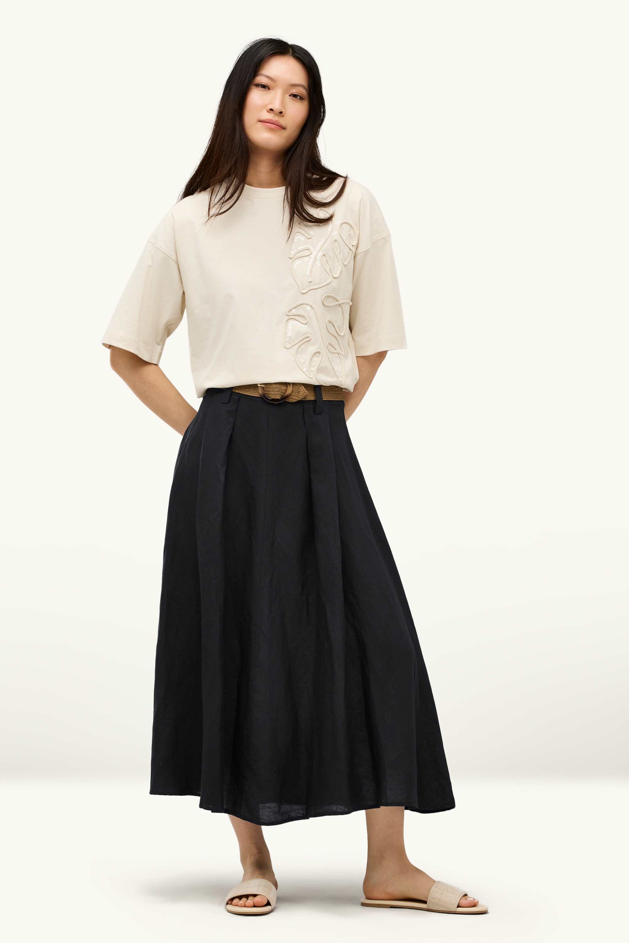 Skirt with belt - linen blend black