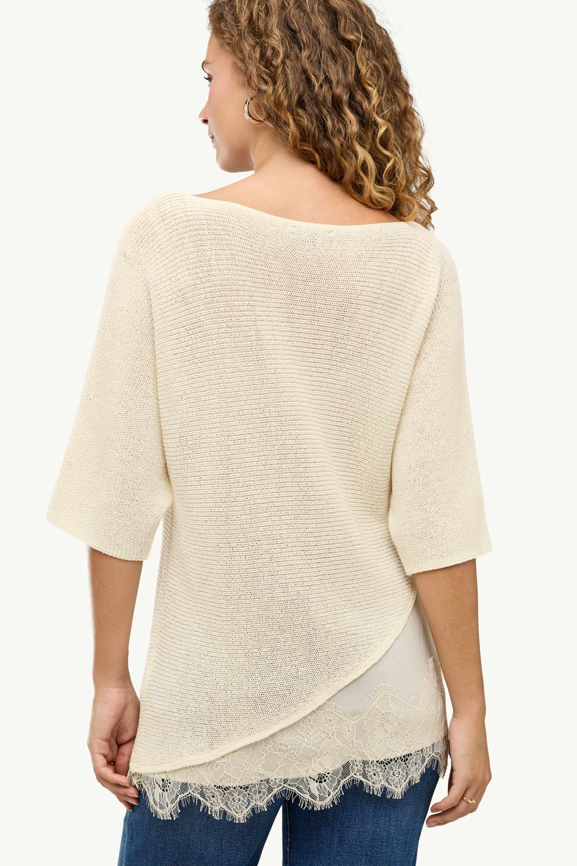 Knitted jumper - short sleeve - ribbed creme