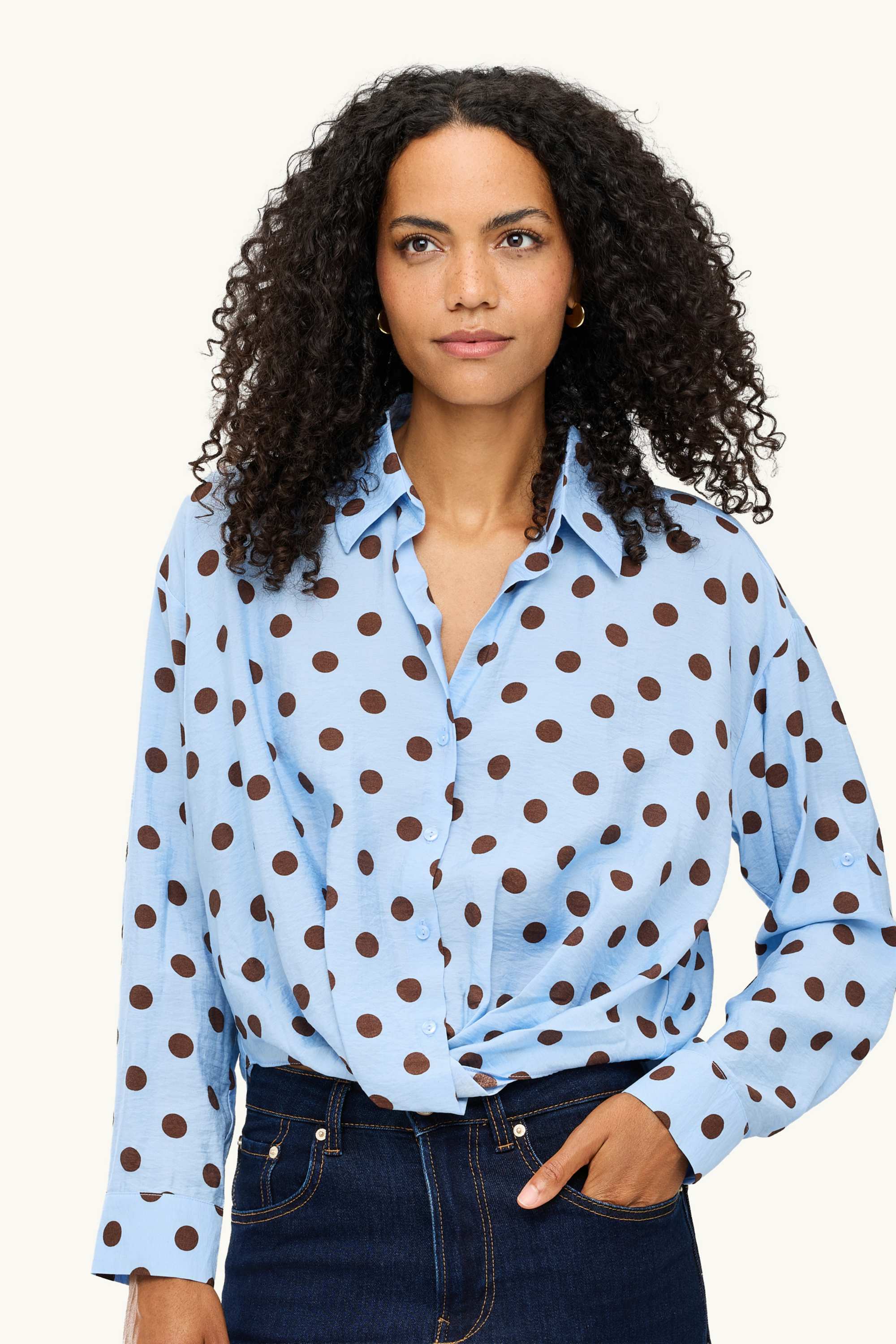 Shirt blouse with knot detail - polka dot blue