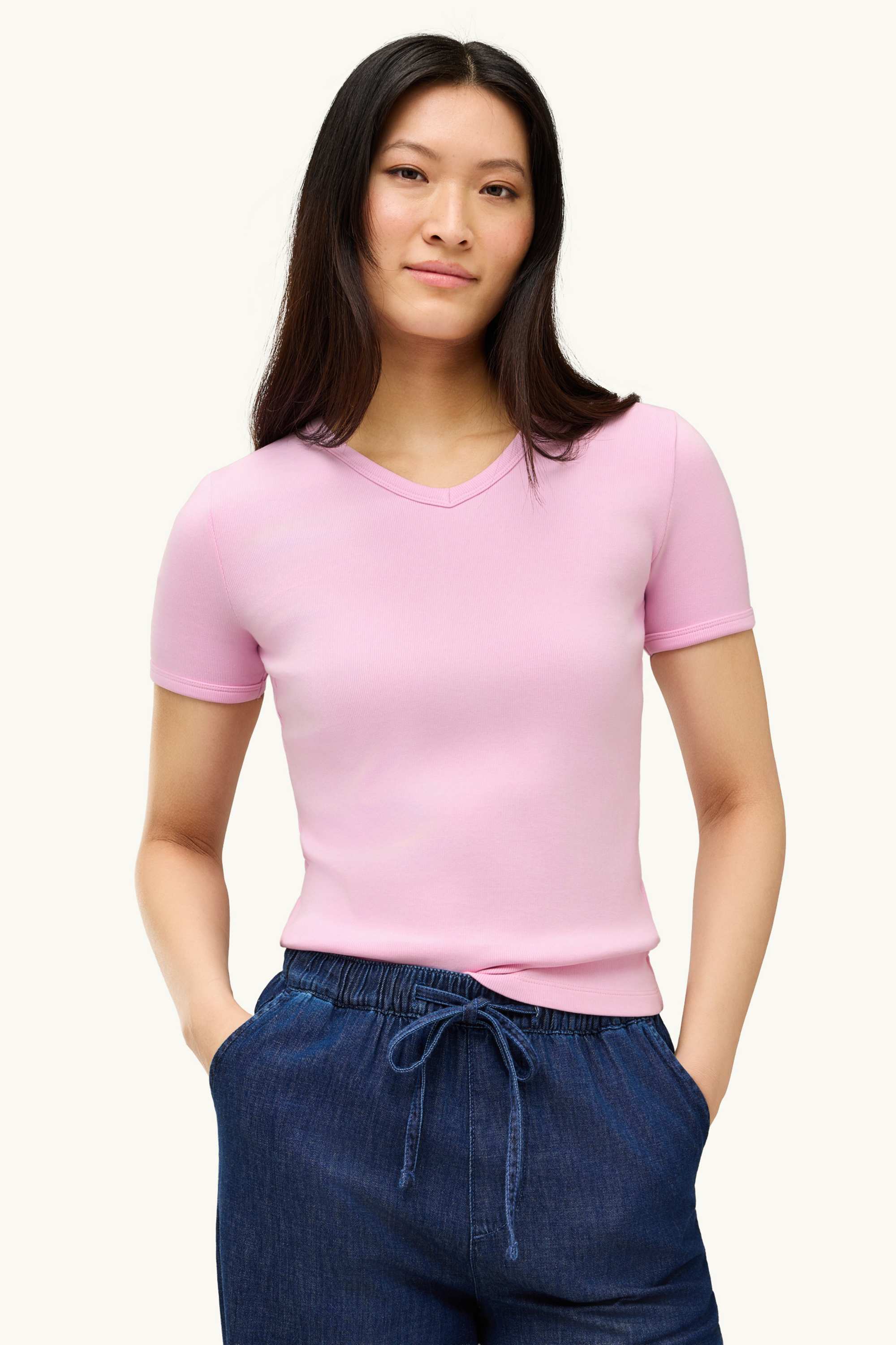 V-neck T-shirt - slim fit - skinny rib rose