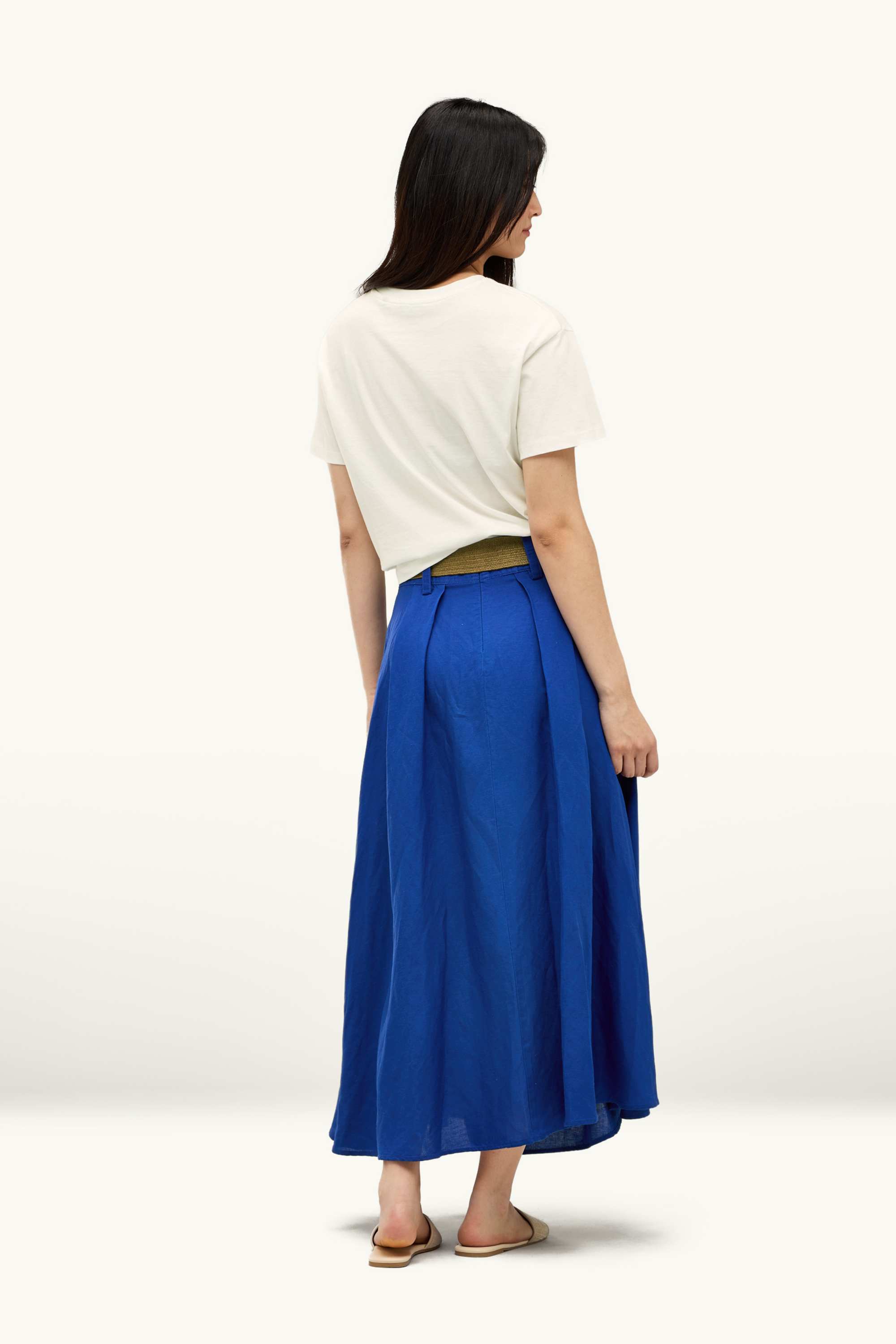 Skirt with belt - linen blend blue