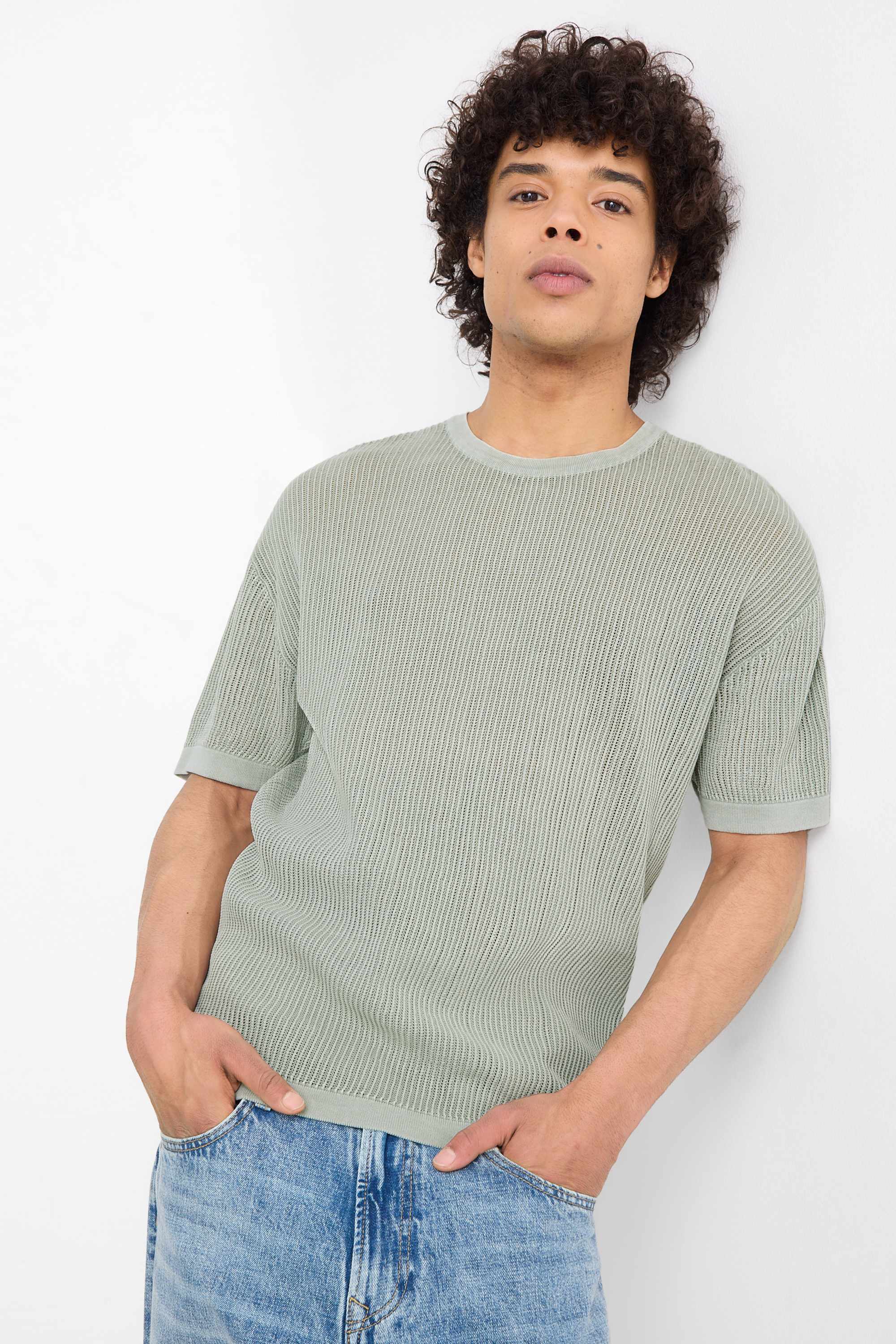 Knitted jumper - short sleeve - ribbed mint green