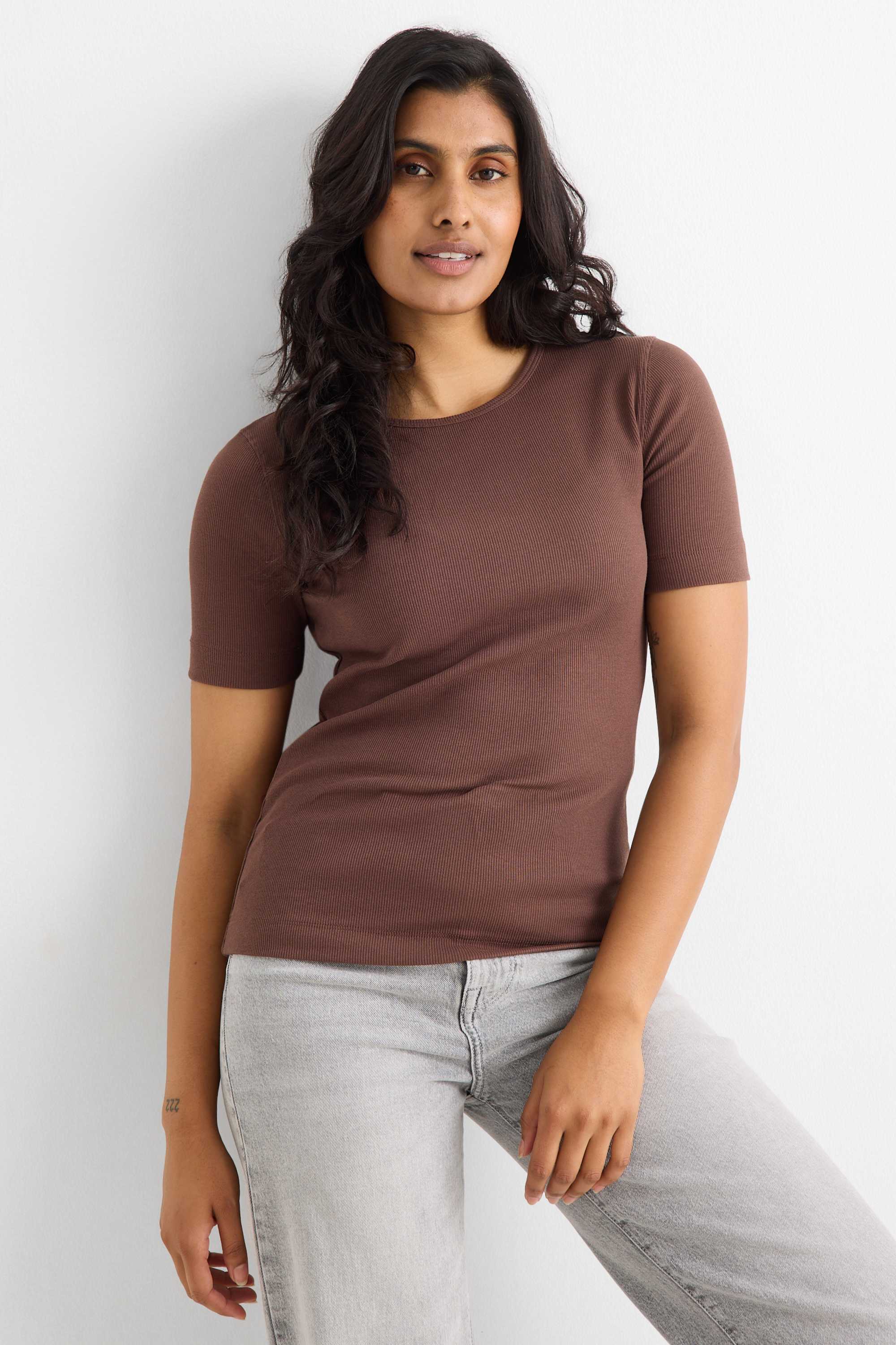 T-shirt - slim fit - ribbed brown