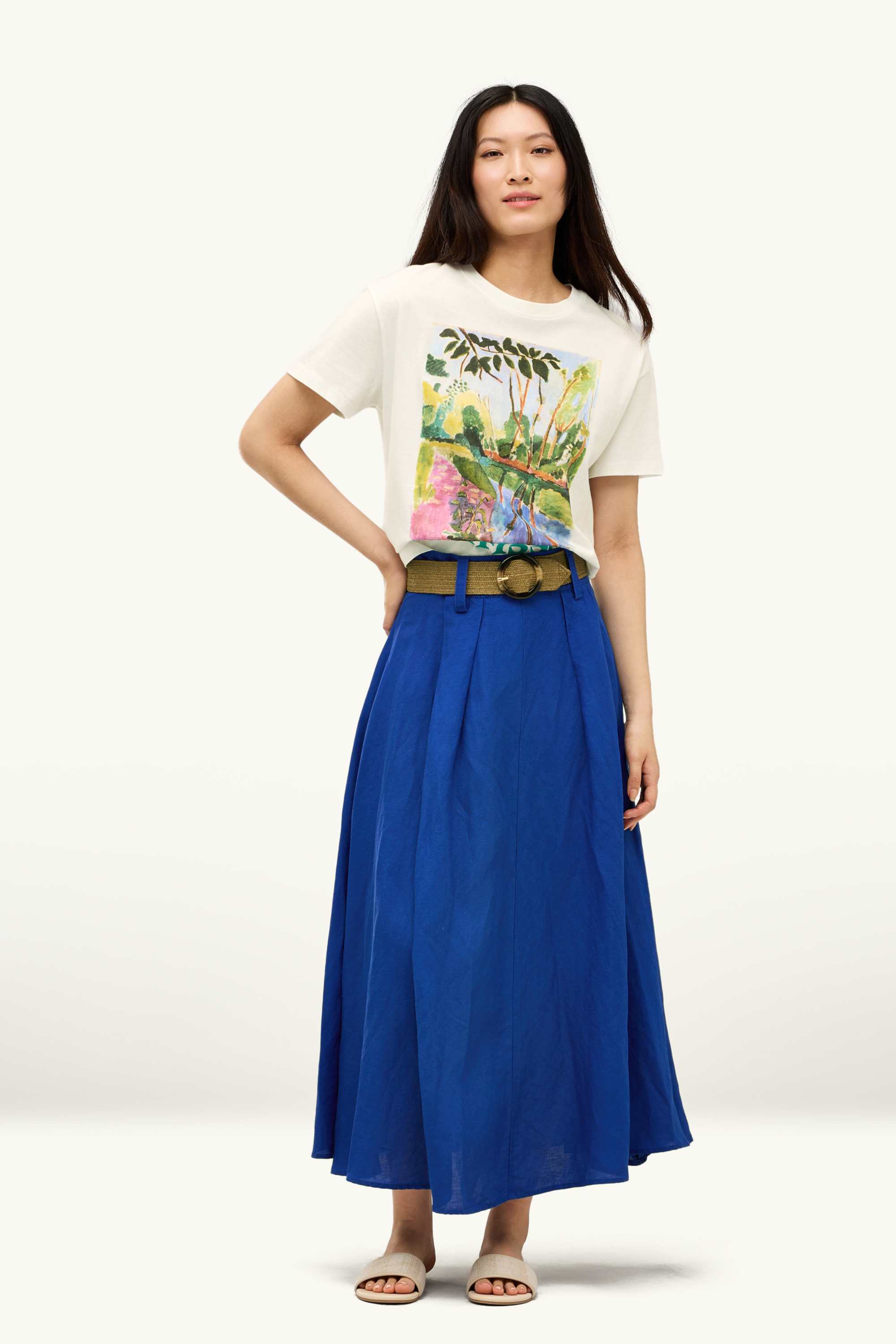 Skirt with belt - linen blend blue
