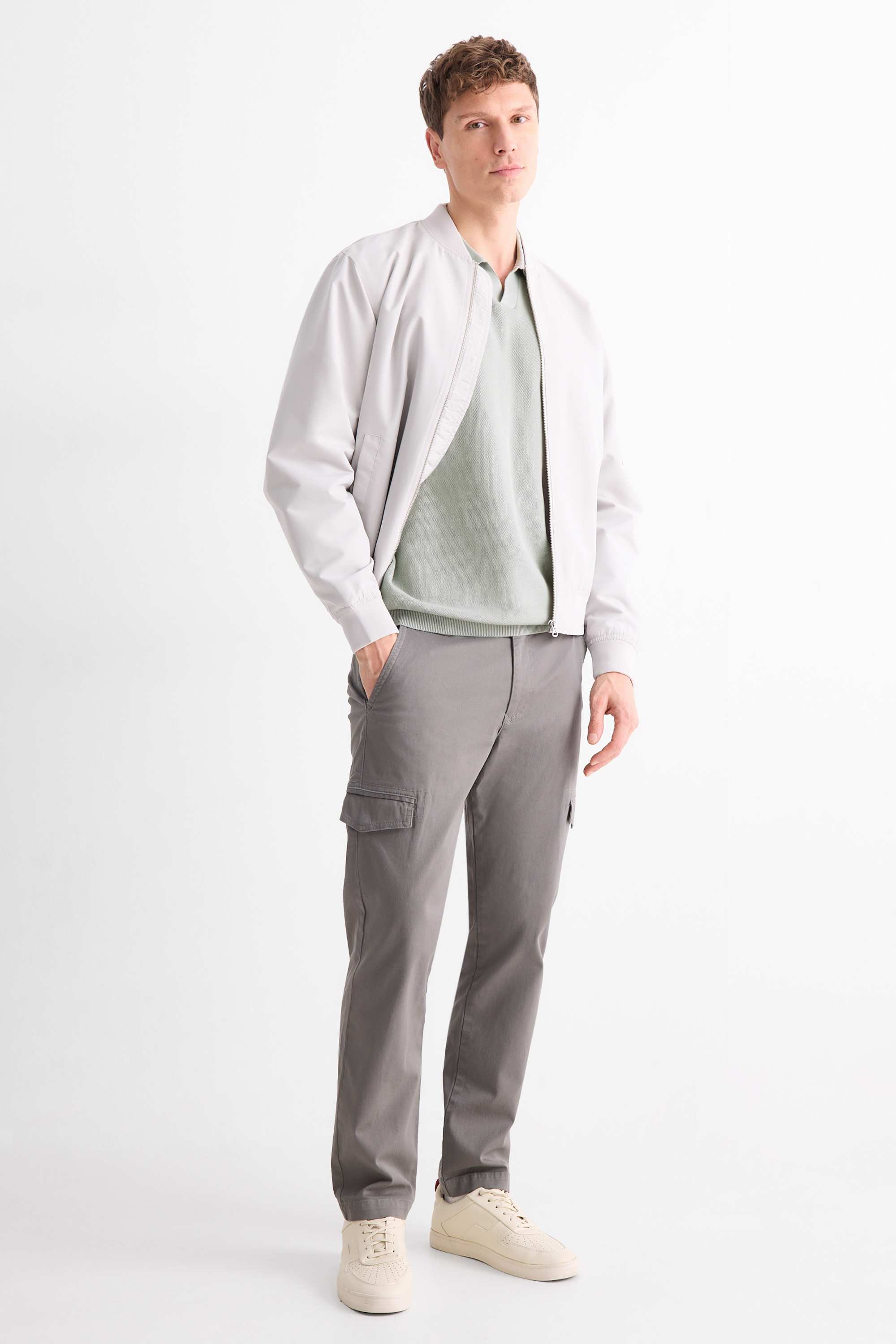 Knitted polo shirt - regular fit - textured gray