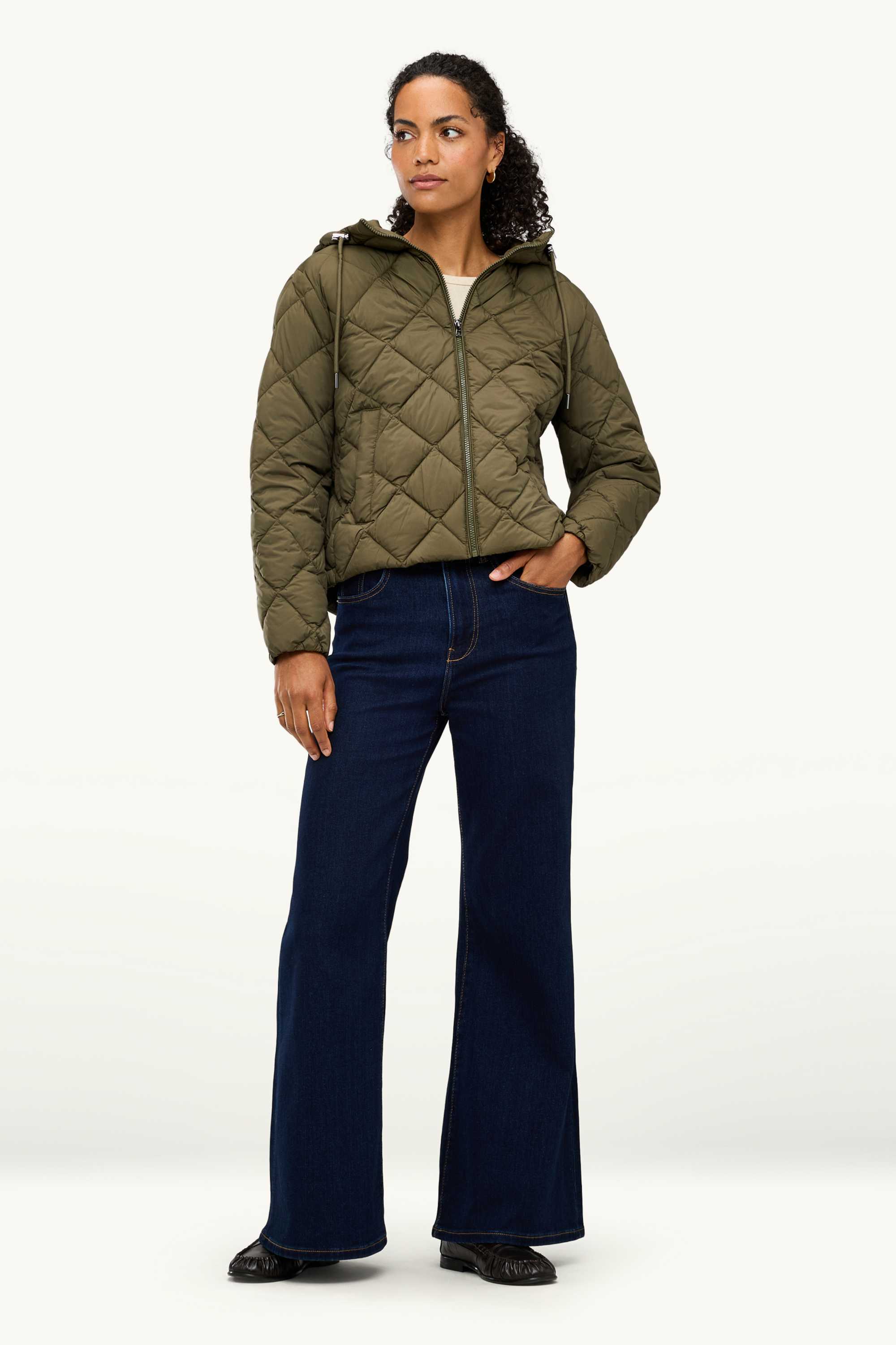 Quilted jacket with hood - water-repellent khaki