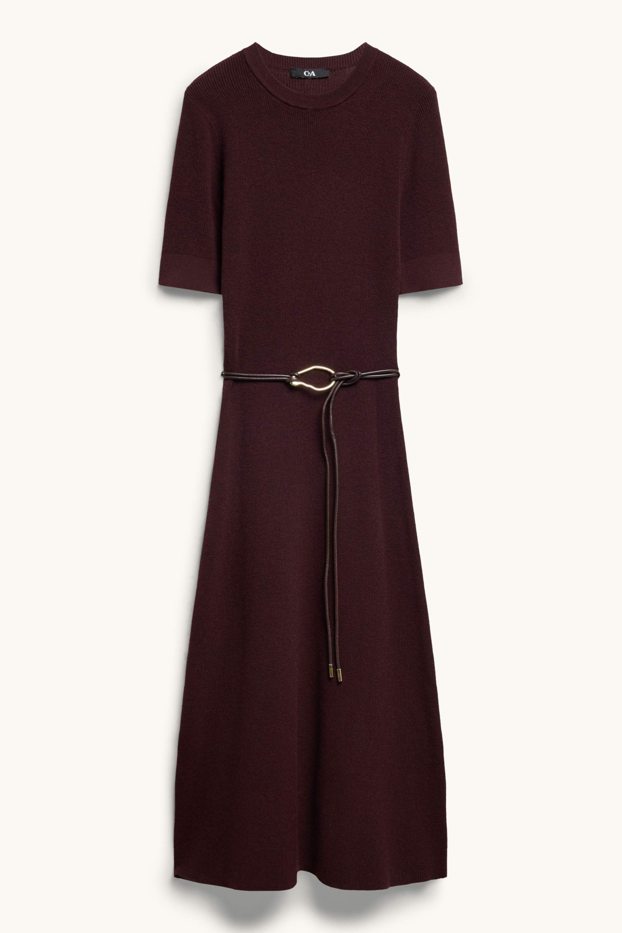 Knitted dress with belt - straight fit dark brown