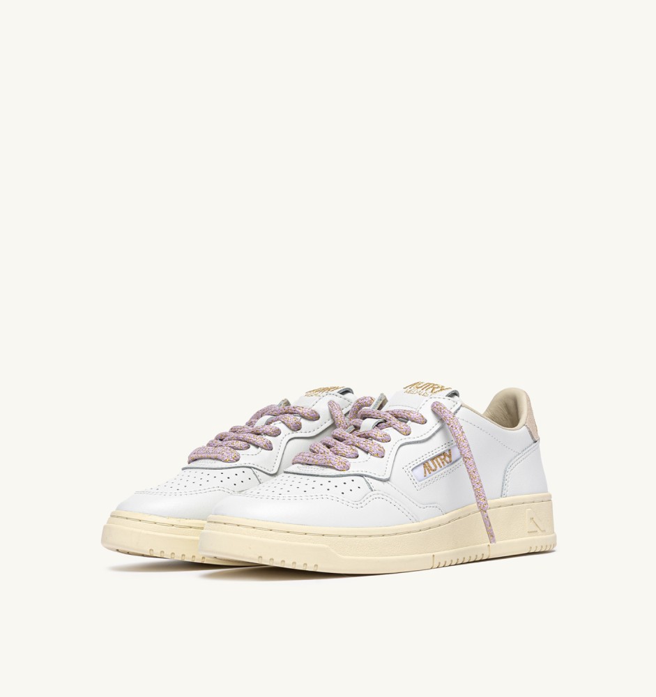 MEDALIST LOW IN WHITE LEATHER WITH ORCHID LUREX DETAILS