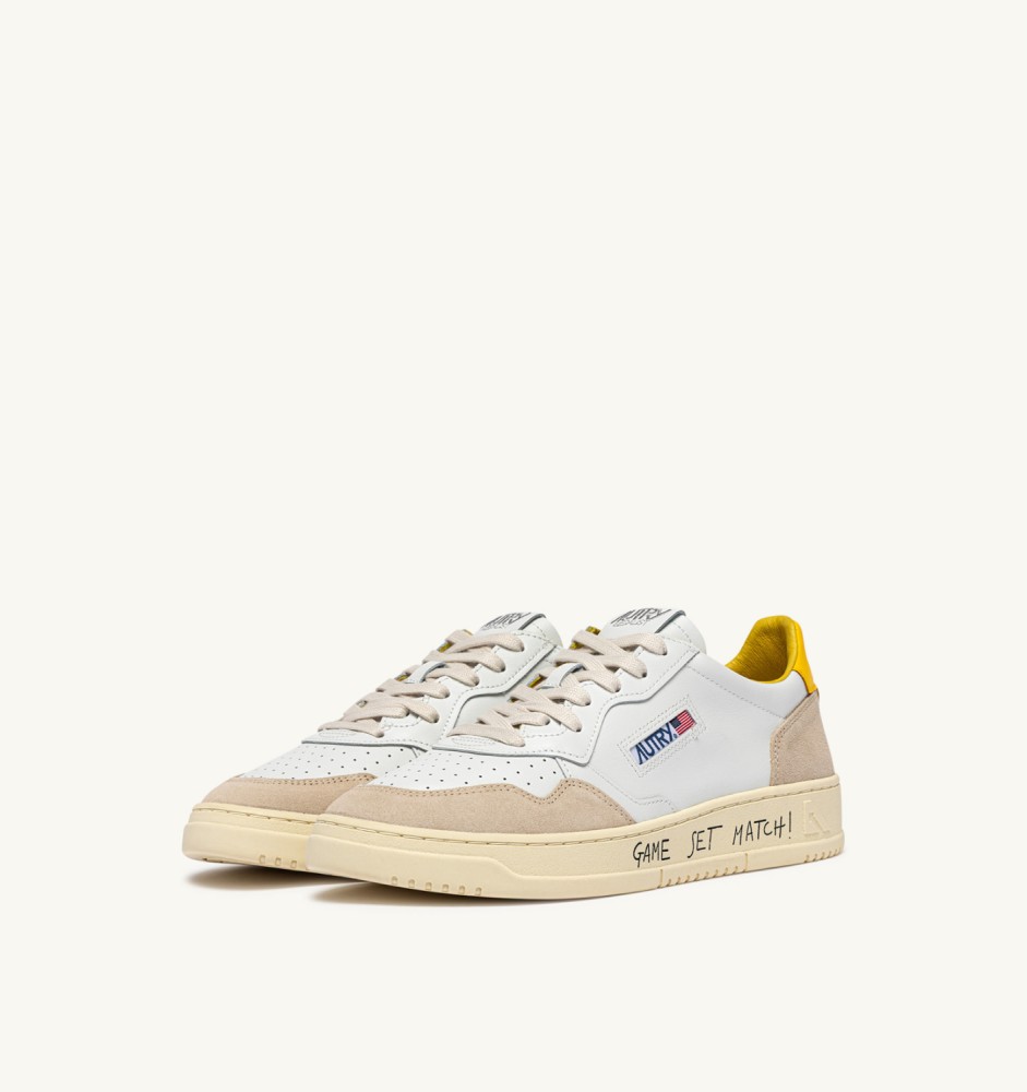 MEDALIST LOW IN WHITE LEATHER AND SLICKER SUEDE WITH LETTERING
