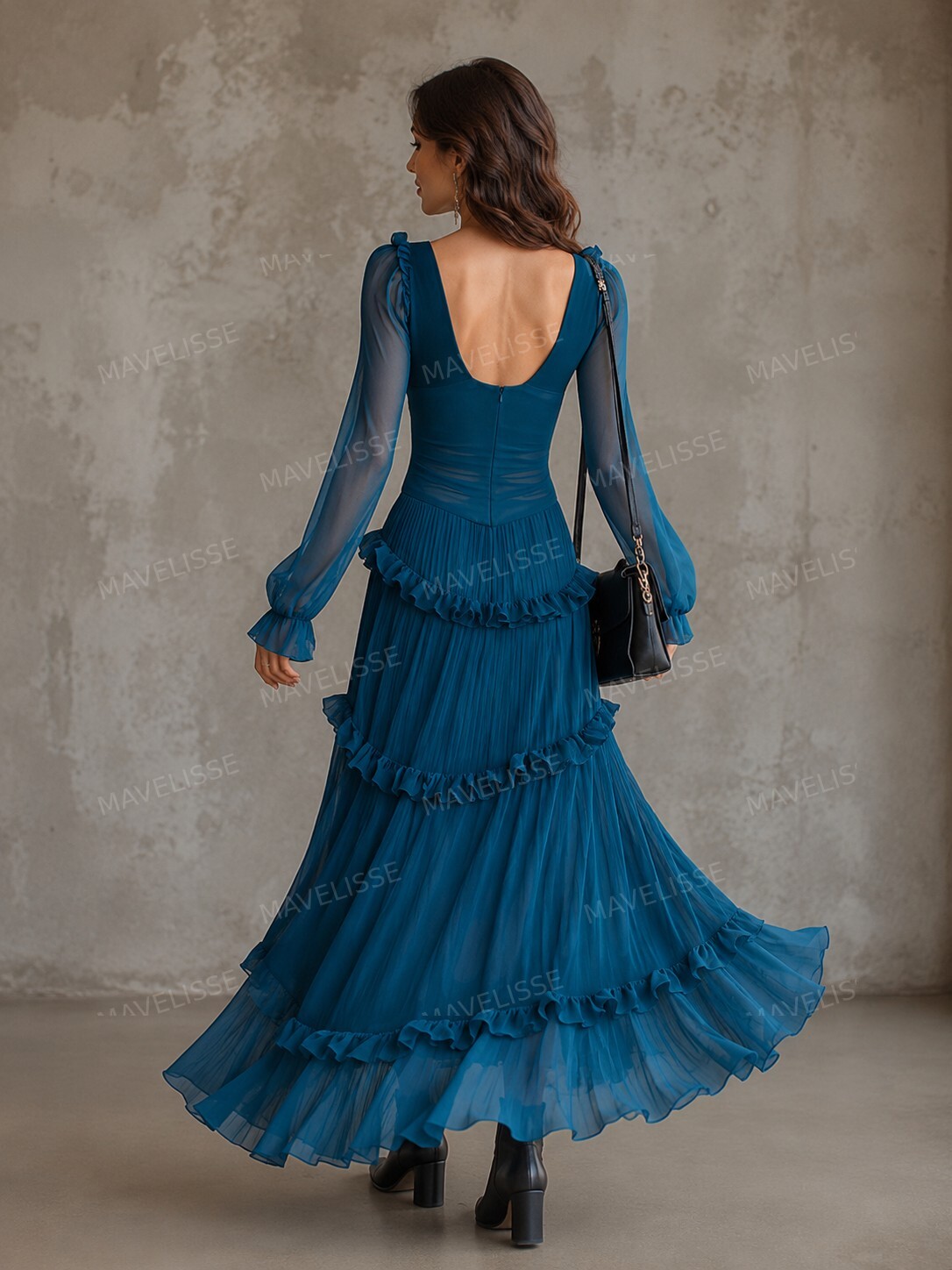 Elegant Ruffle Deep V-Neck Sheer Sleeve Maxi Dress