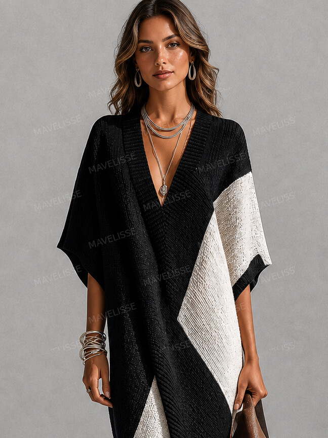 Casual Color-Block V-Neck Loose Knit Maxi Dress