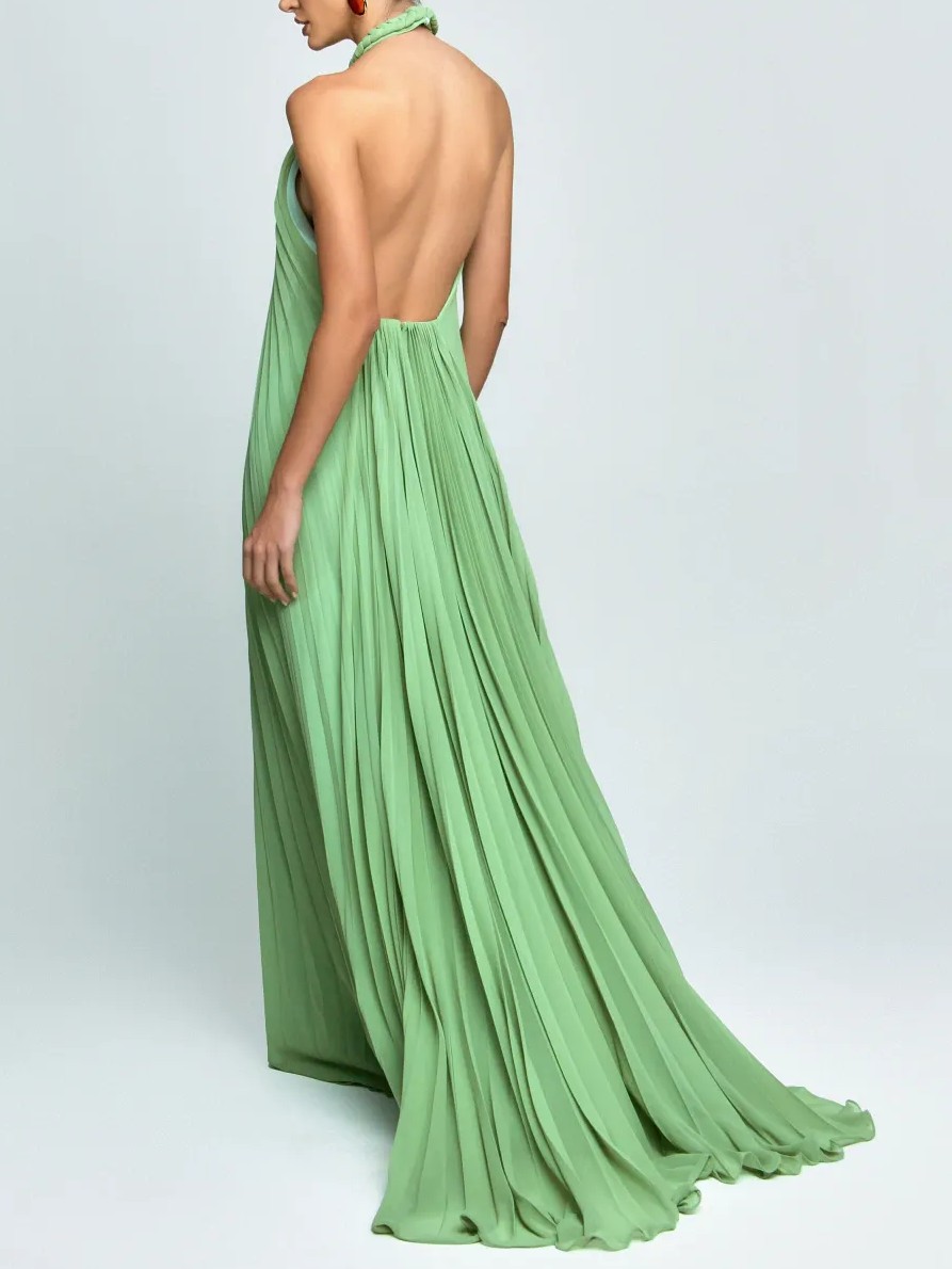 Elegant Chiffon Pleated Braided Halter Neck Backless A-line Maxi Dress