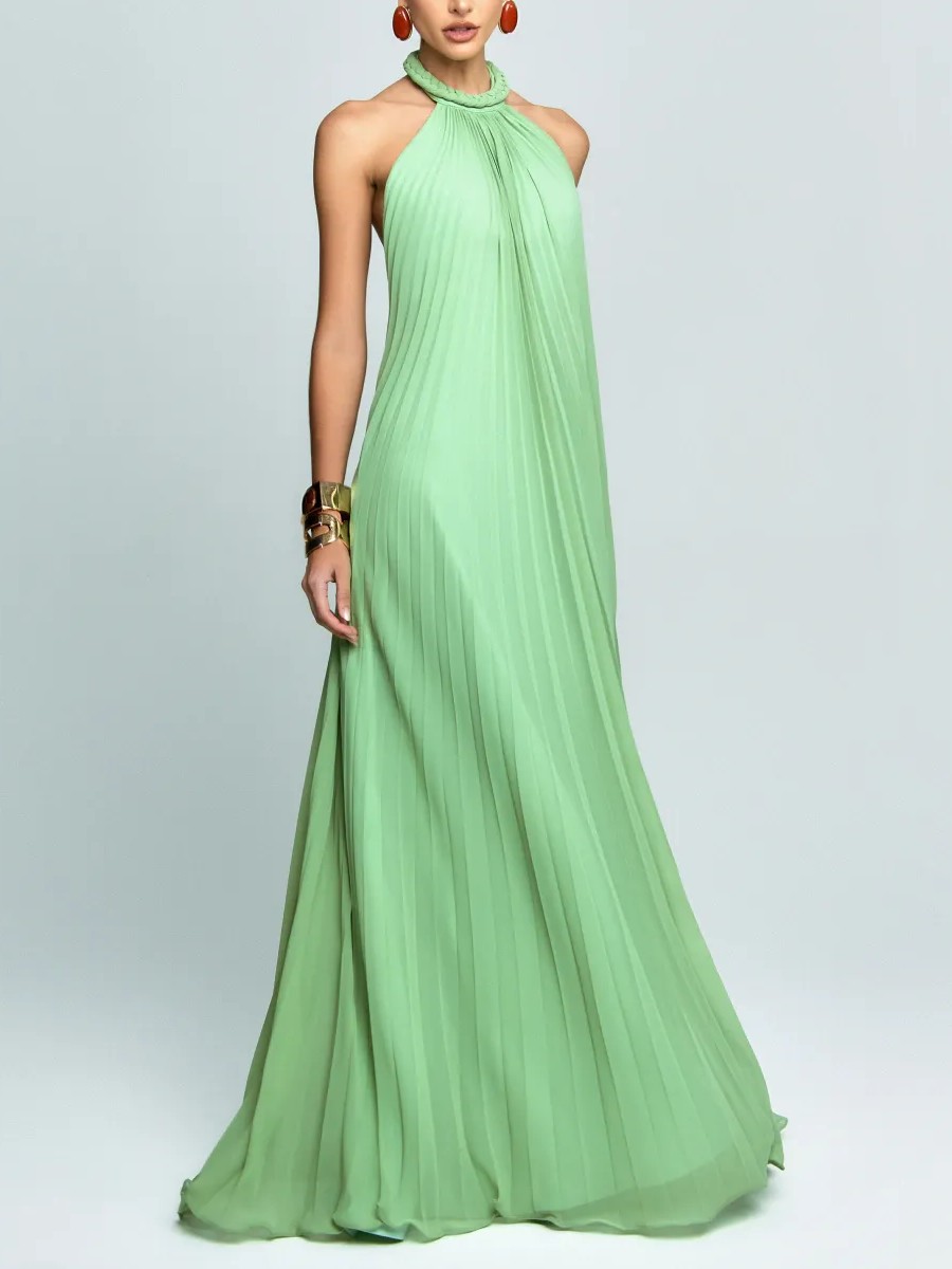 Elegant Chiffon Pleated Braided Halter Neck Backless A-line Maxi Dress