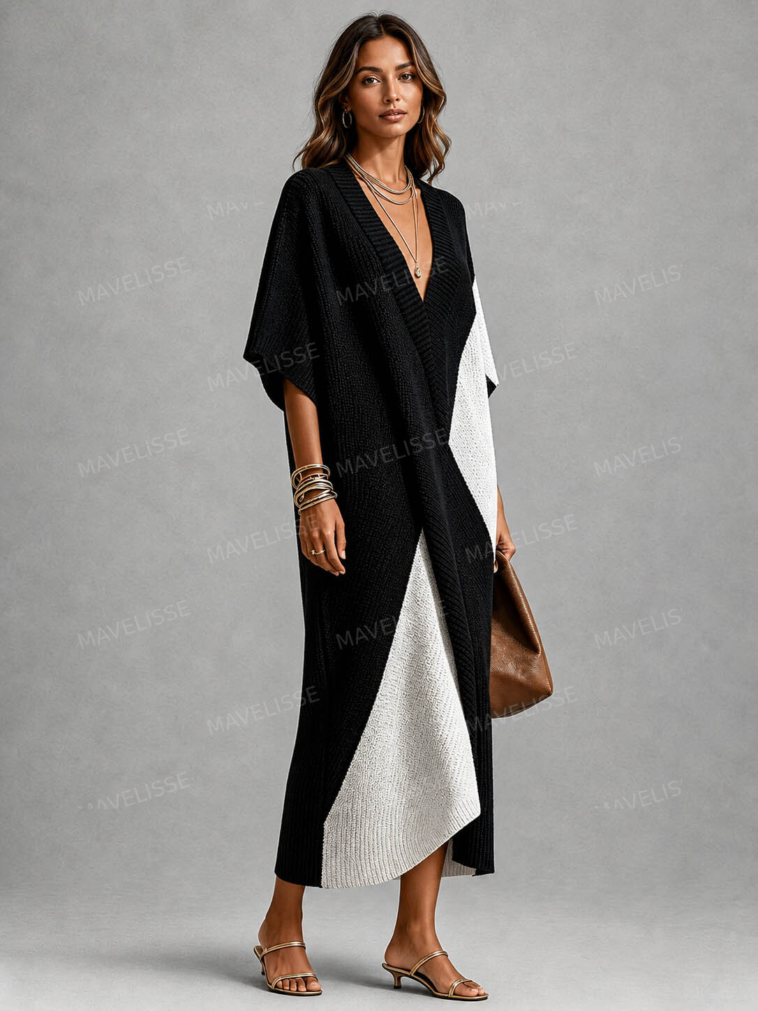 Casual Color-Block V-Neck Loose Knit Maxi Dress