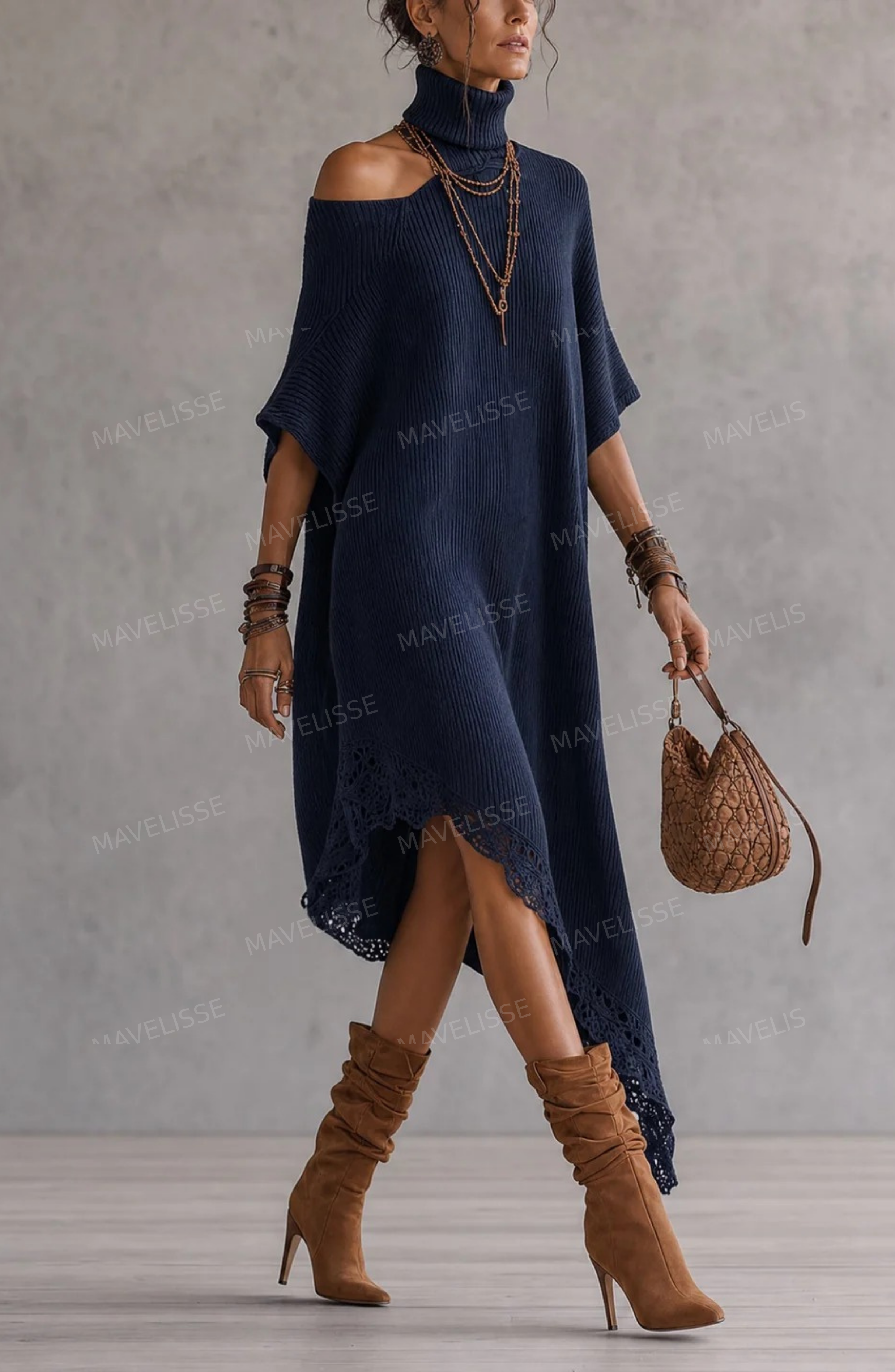 Asymmetric Off-Shoulder Turtleneck Knit Maxi Dress