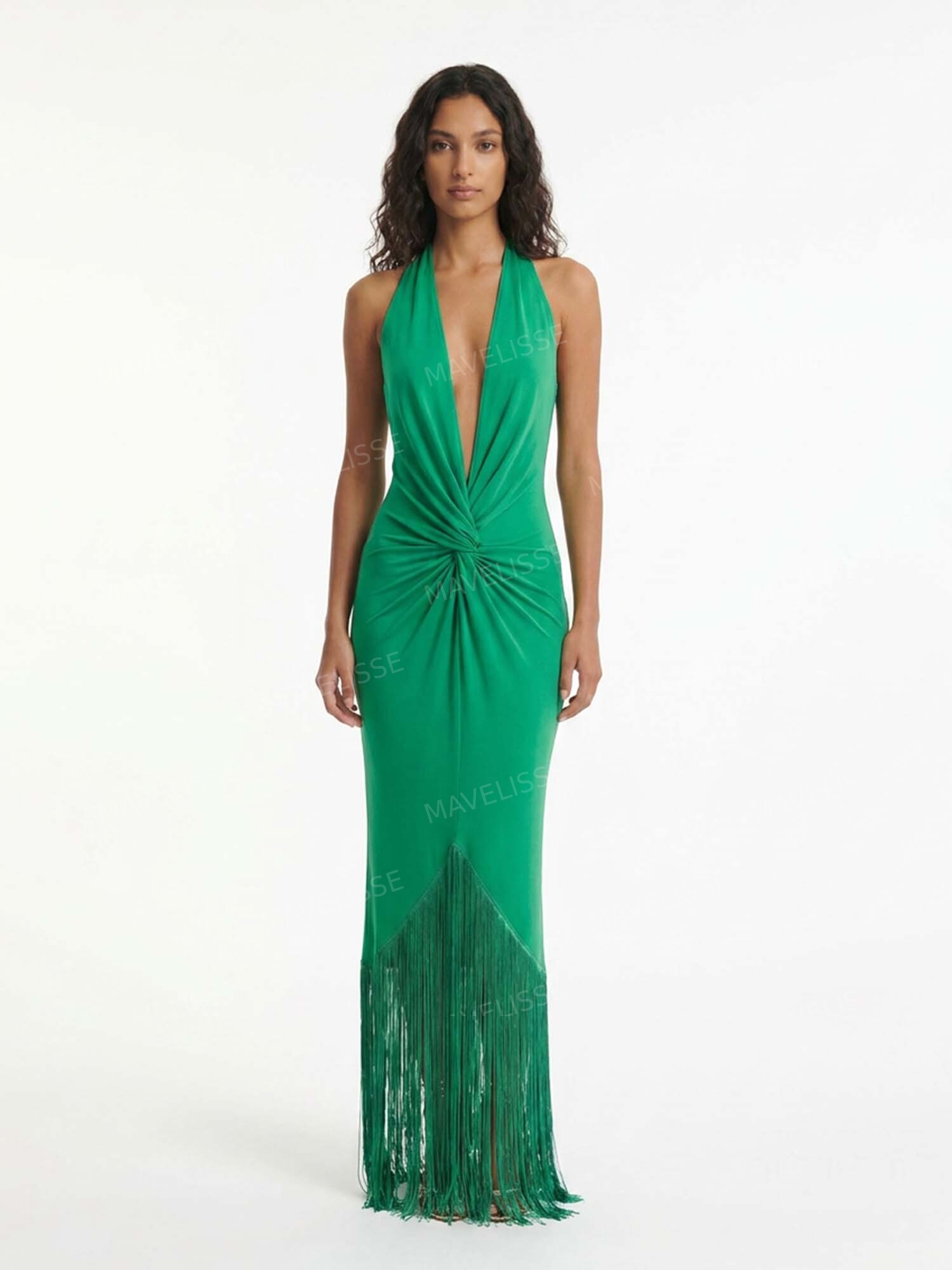 Emerald Green Halter Fringe Maxi Dress