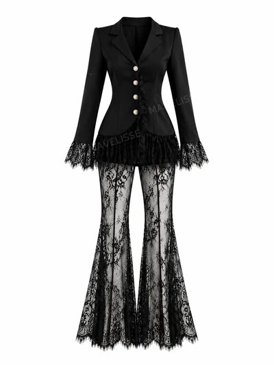 Elegant Lace Trim Blazer Top & Flared Lace Pants Two-Piece Set