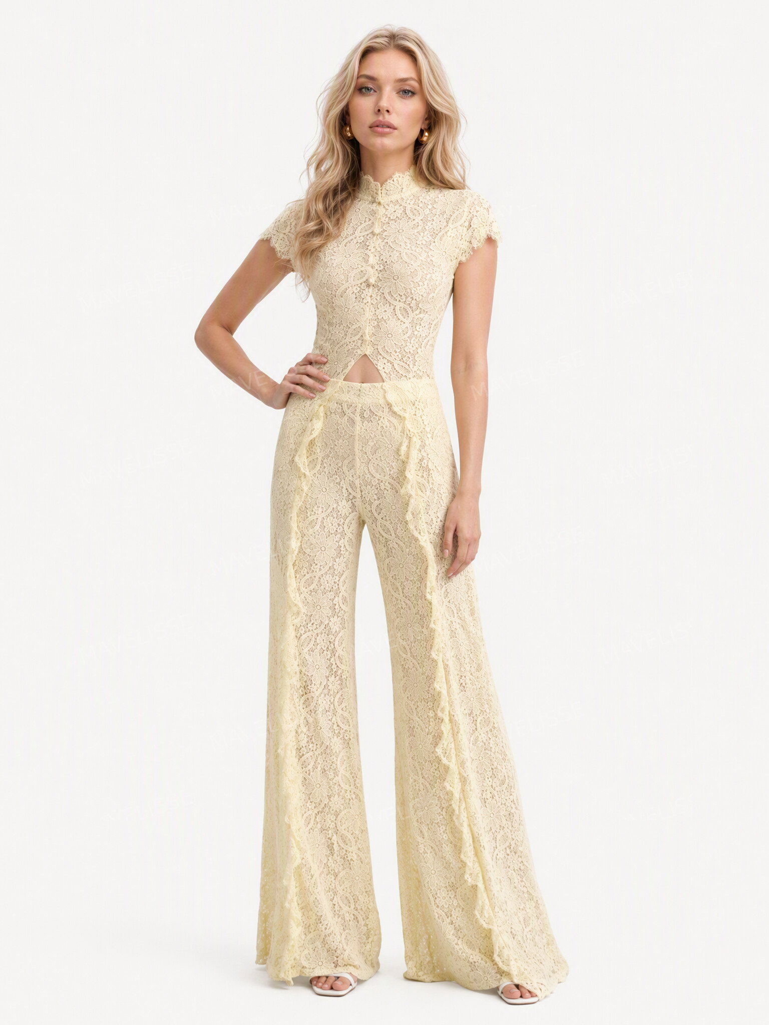 Lace Long-sleeved Top And Wide-leg Pants Set（Headscarf Not Included）