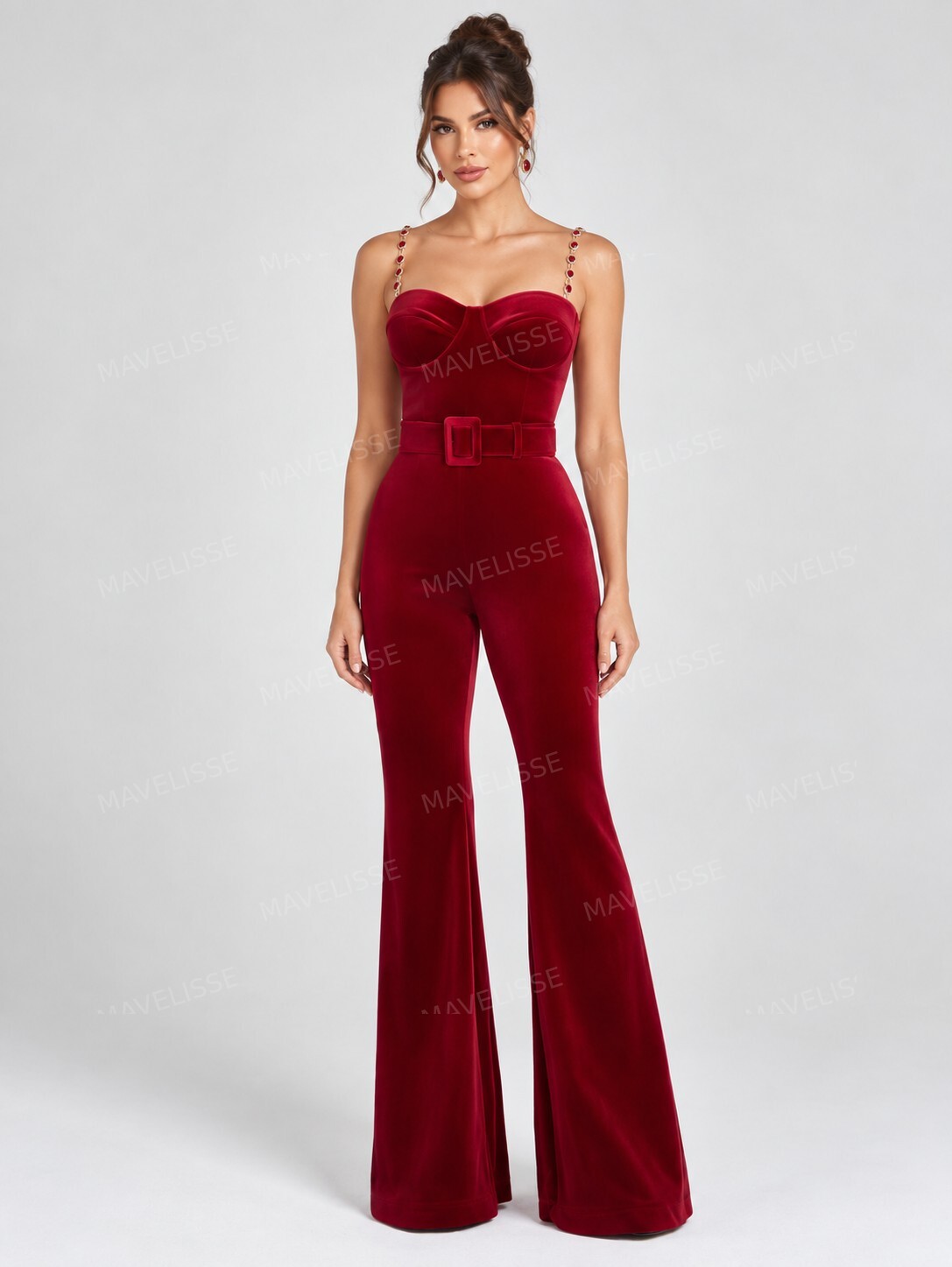 Elegant Velvet Corset Belted Flare Jumpsuit