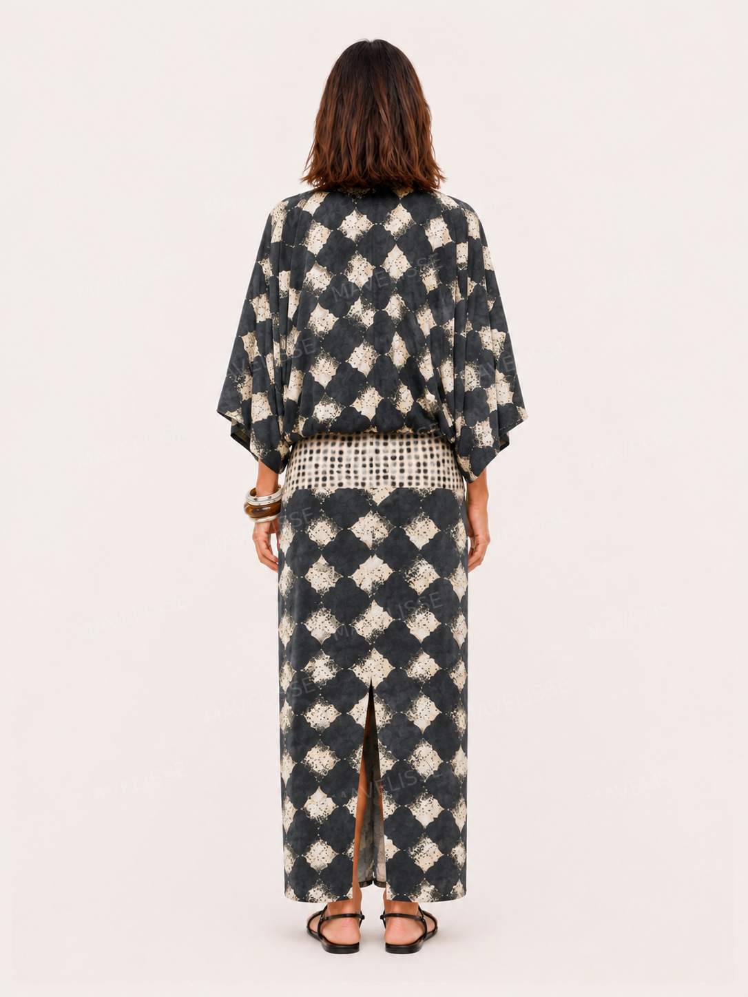 Casual Abstract Plaid Print Kimono Sleeve Maxi Dress