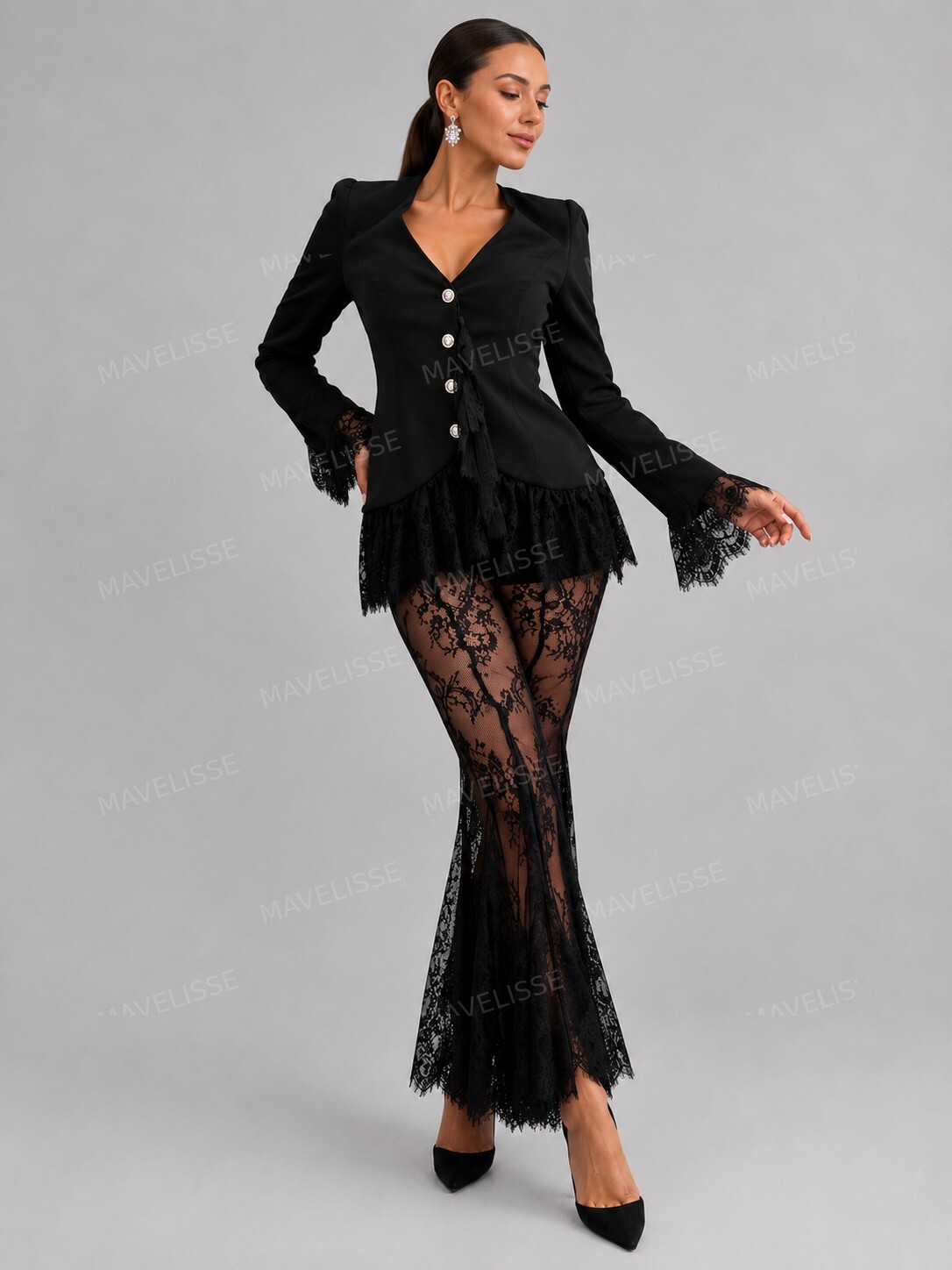 Elegant Lace Trim Blazer Top & Flared Lace Pants Two-Piece Set