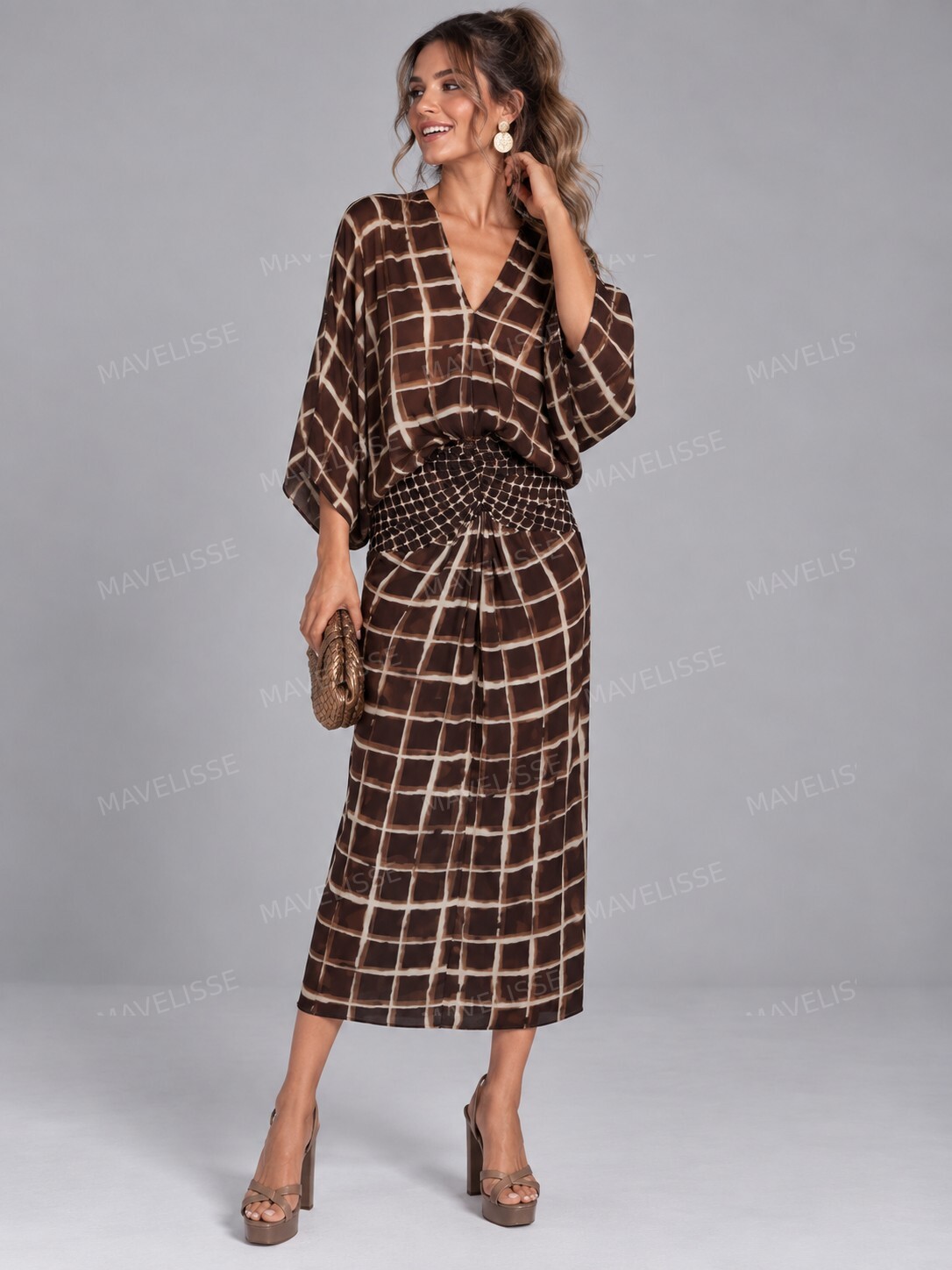 Casual Abstract Plaid Print Kimono Sleeve Maxi Dress