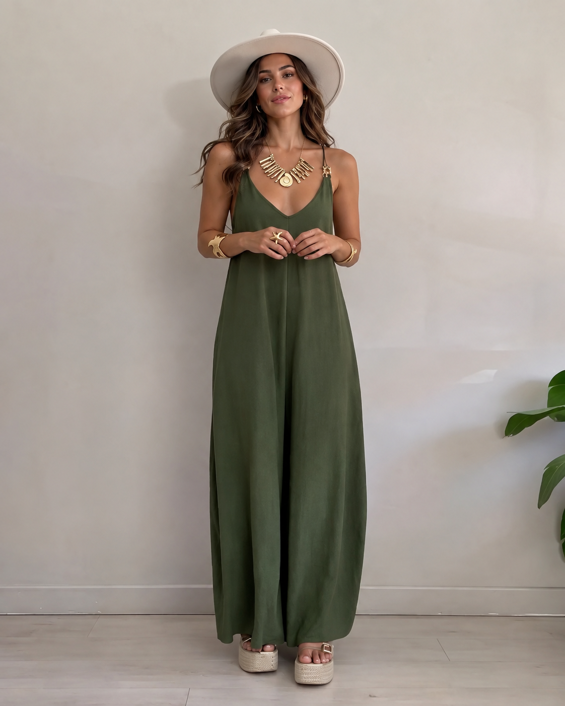 Resort Metallic Detail Strappy Wide-Leg Jumpsuit