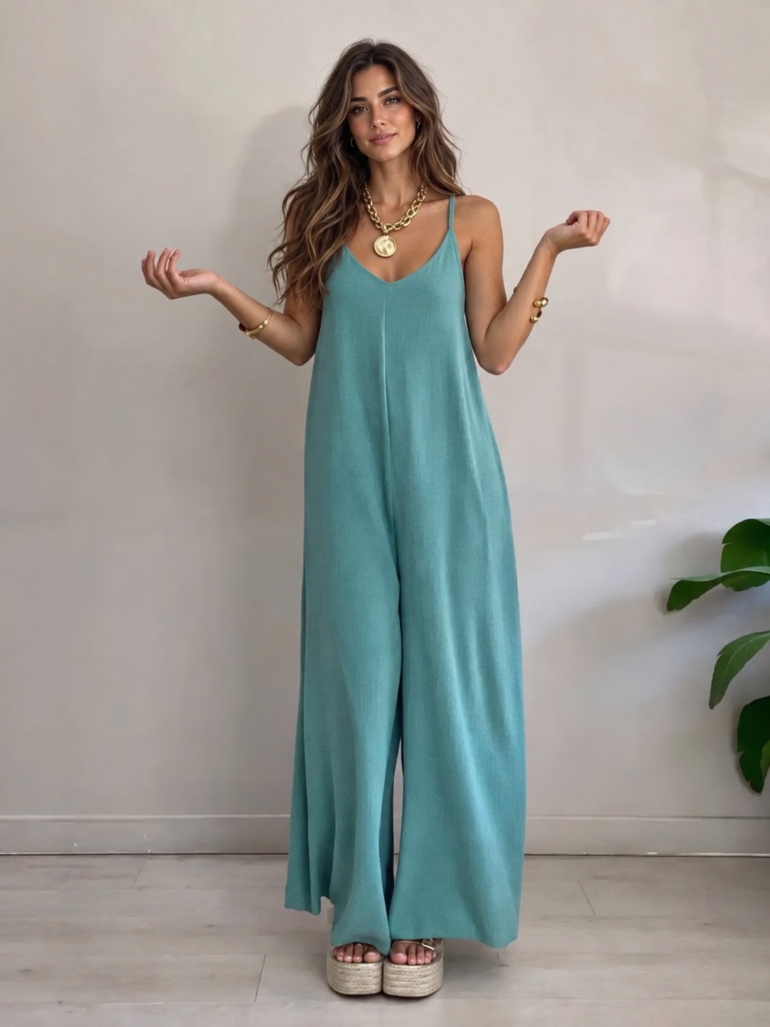Resort Metallic Detail Strappy Wide-Leg Jumpsuit