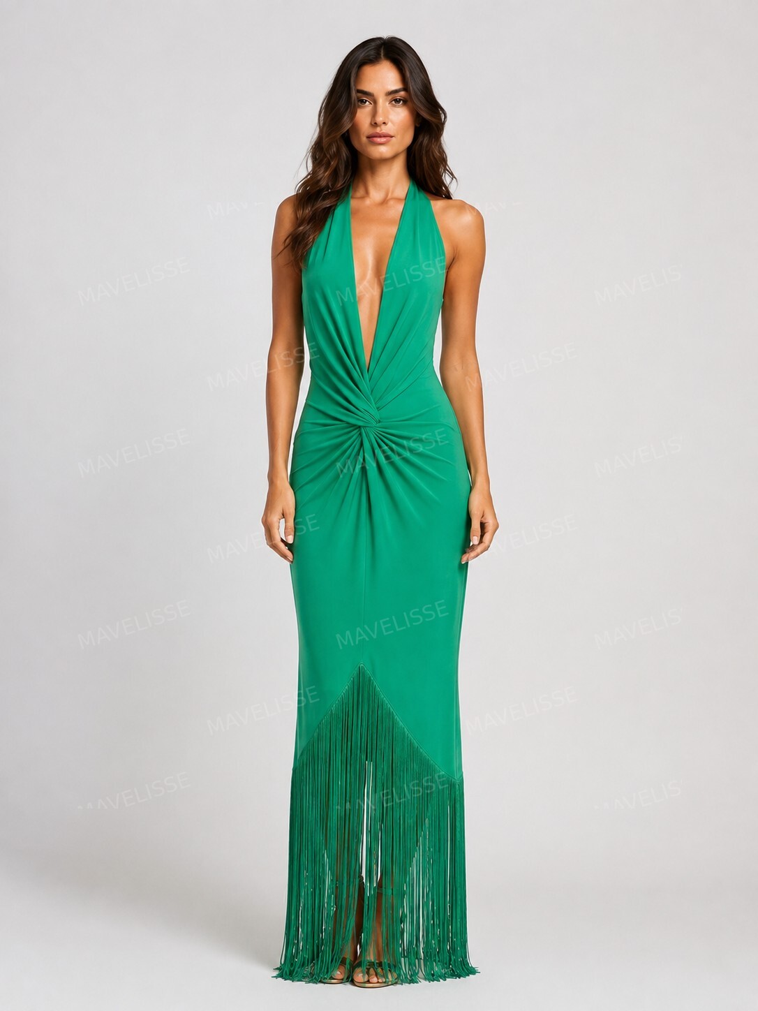Emerald Green Halter Fringe Maxi Dress