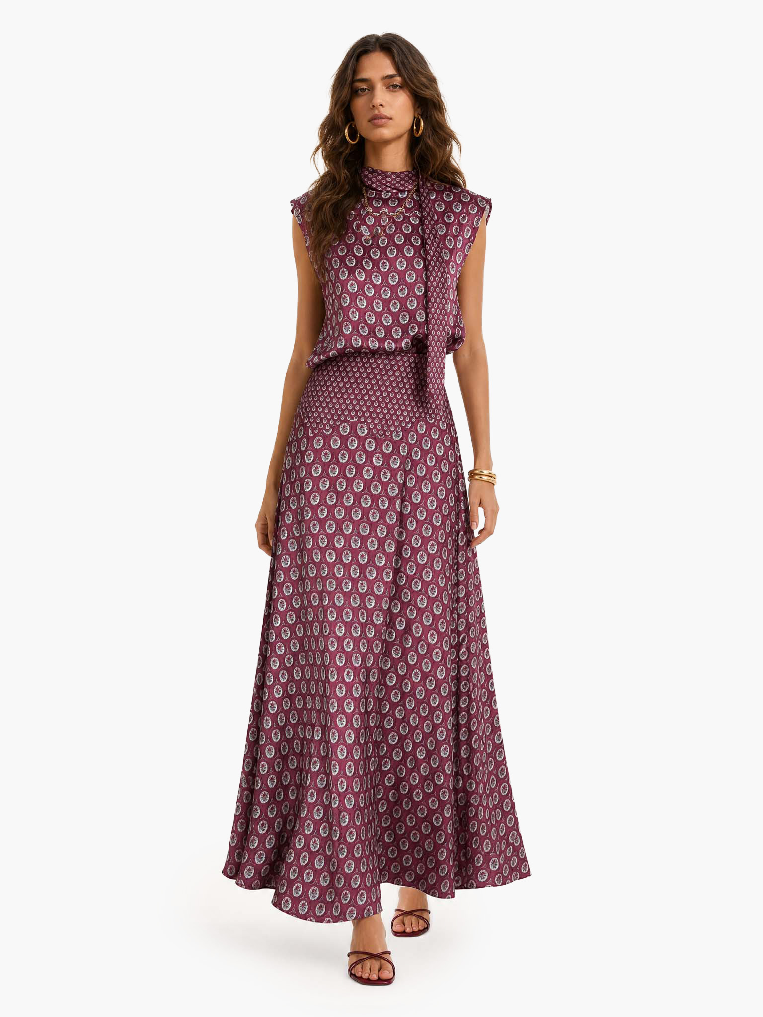 Retro Print Scarf Neck Top & Flowing Maxi Skirt Two-Piece Set