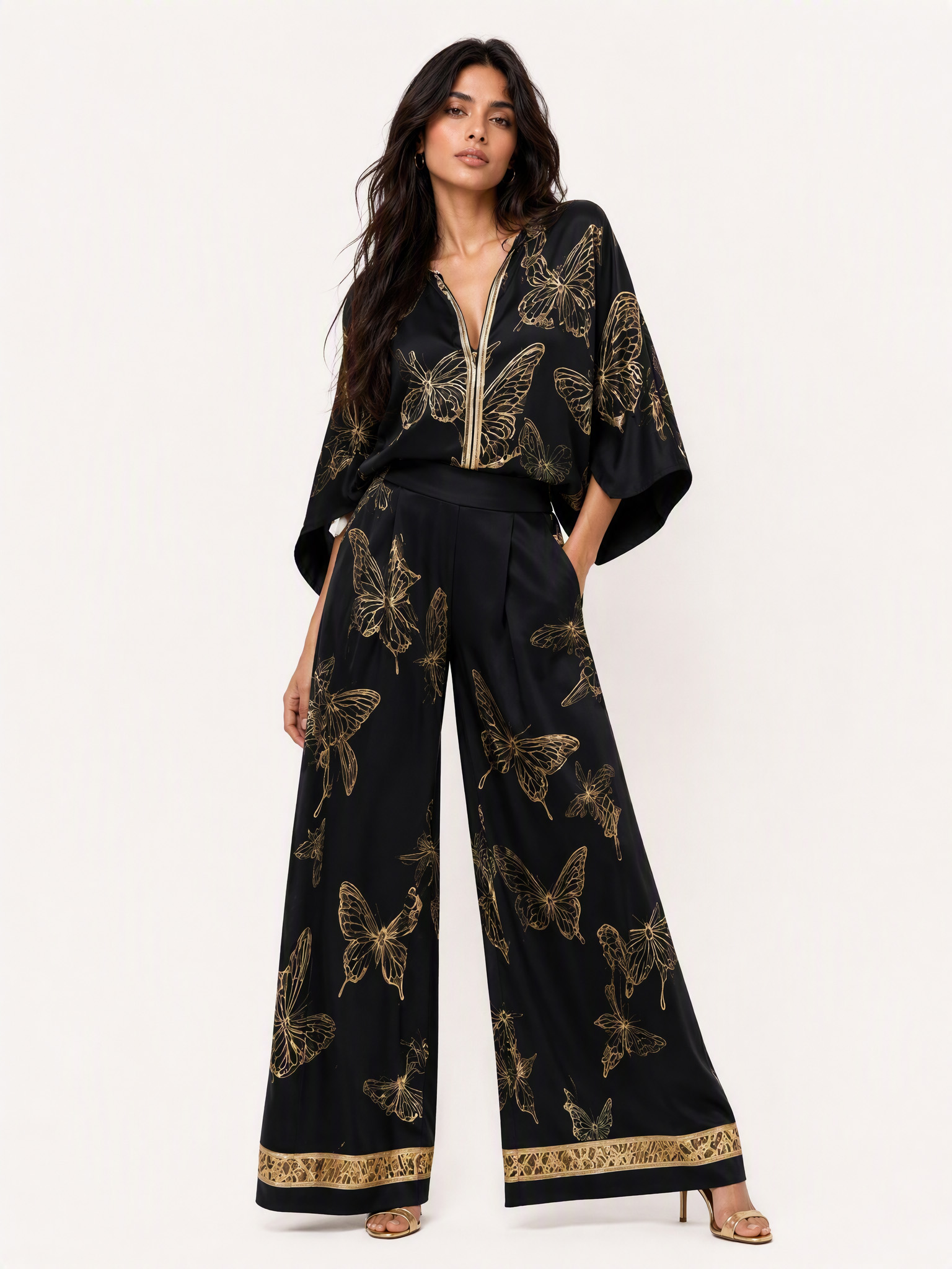 Elegant Butterfly Print Zip Shirt