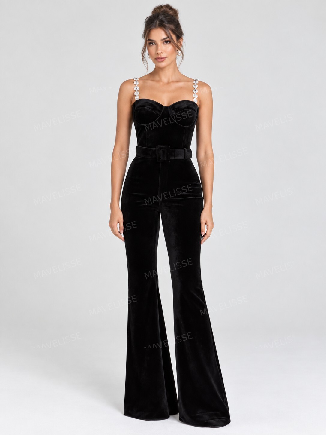 Elegant Velvet Corset Belted Flare Jumpsuit