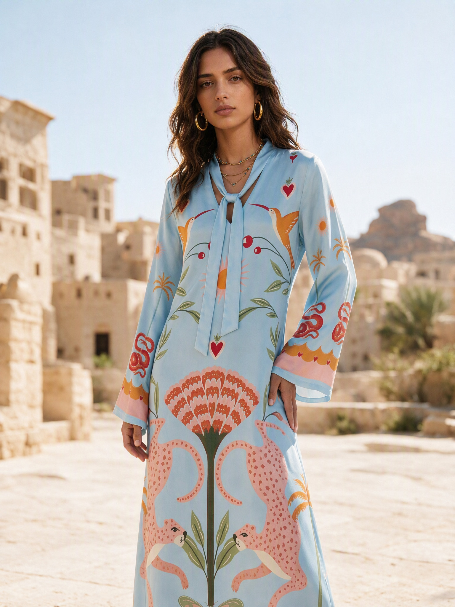 Azure Dream Printed Tie Neck Maxi Dress