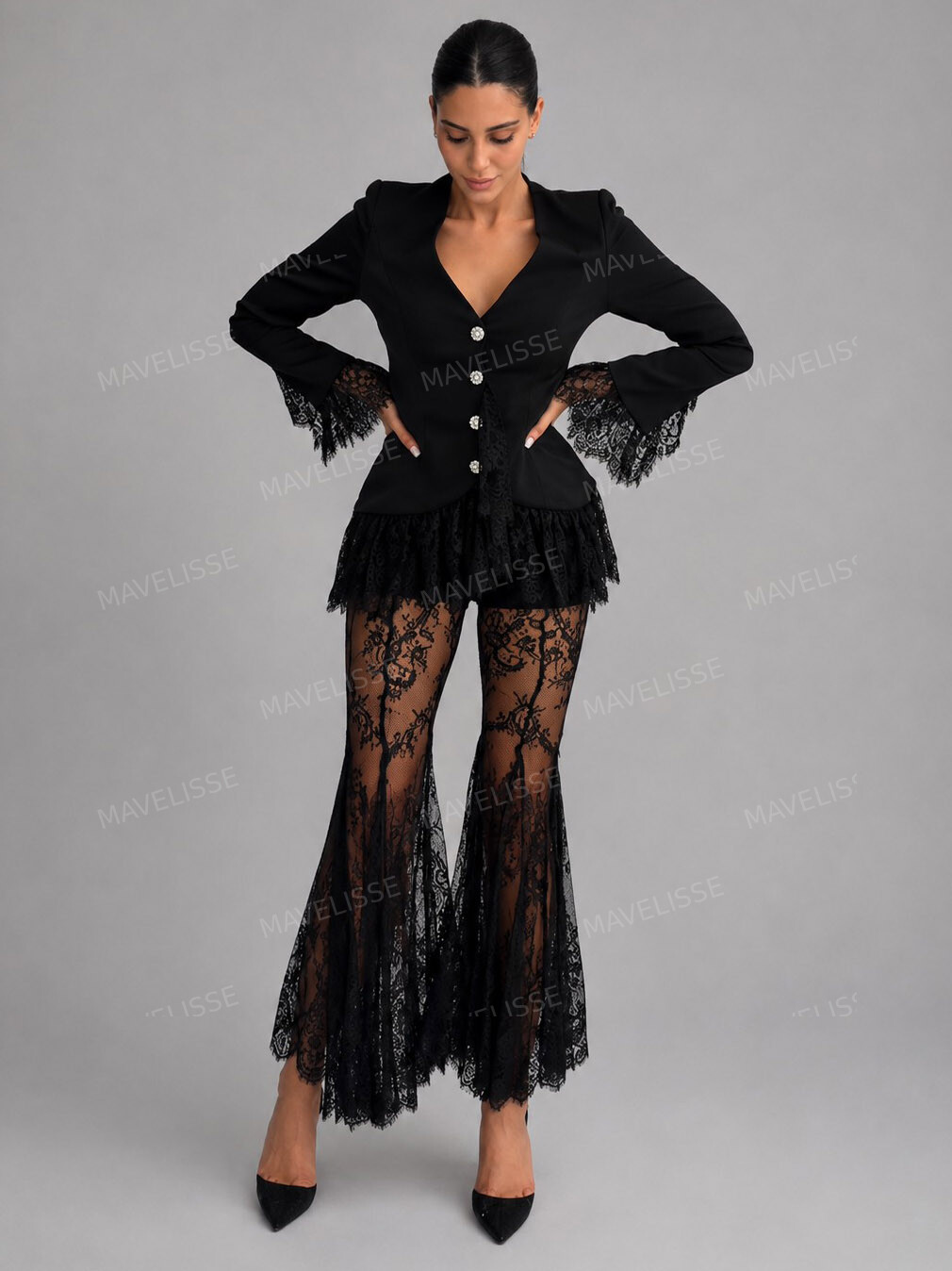 Elegant Lace Trim Blazer Top & Flared Lace Pants Two-Piece Set
