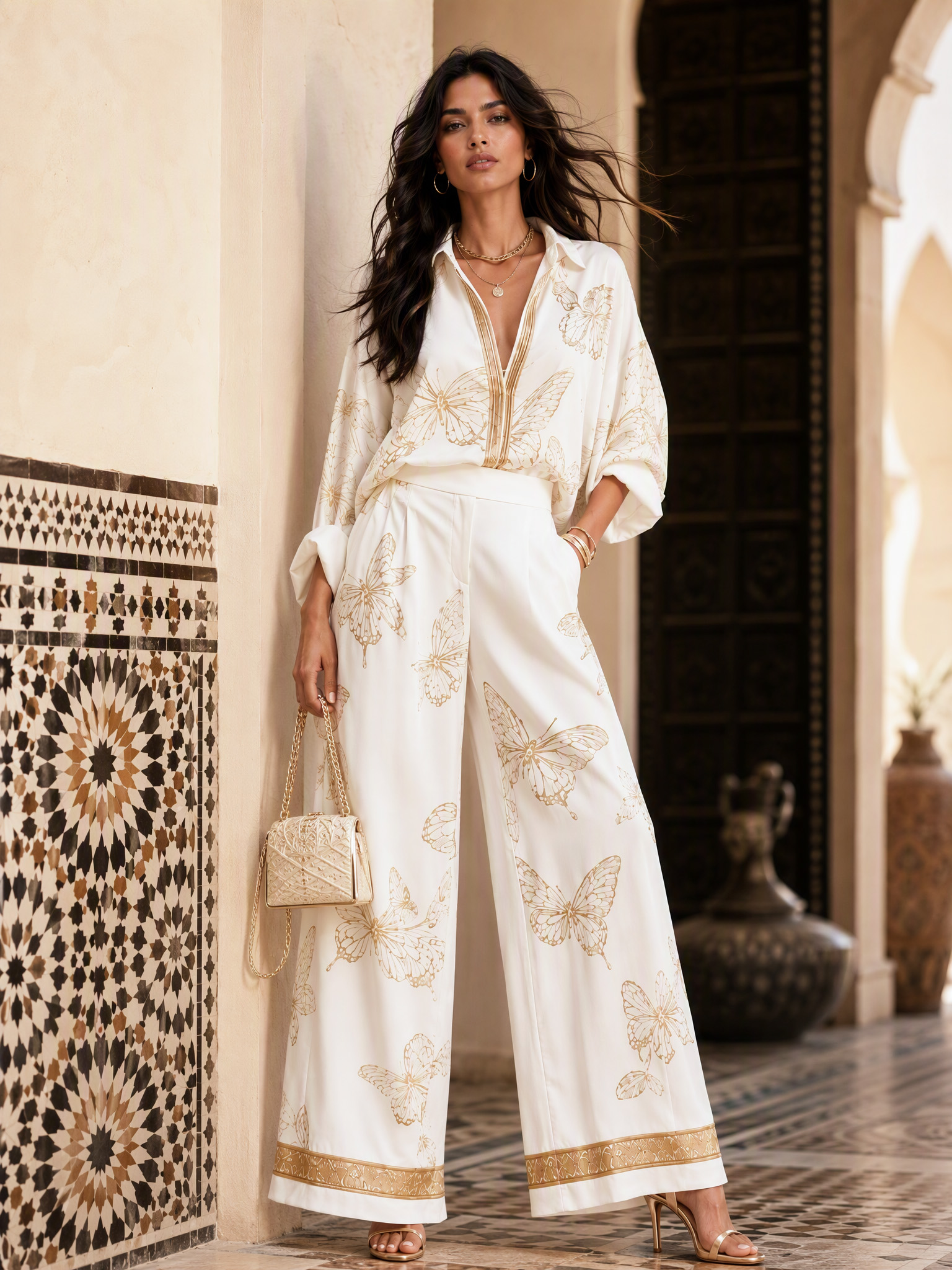 Elegant Butterfly Print Zip Shirt