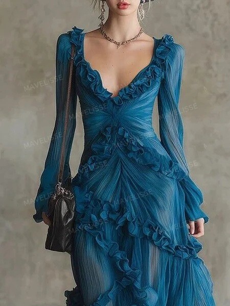 Elegant Ruffle Deep V-Neck Sheer Sleeve Maxi Dress